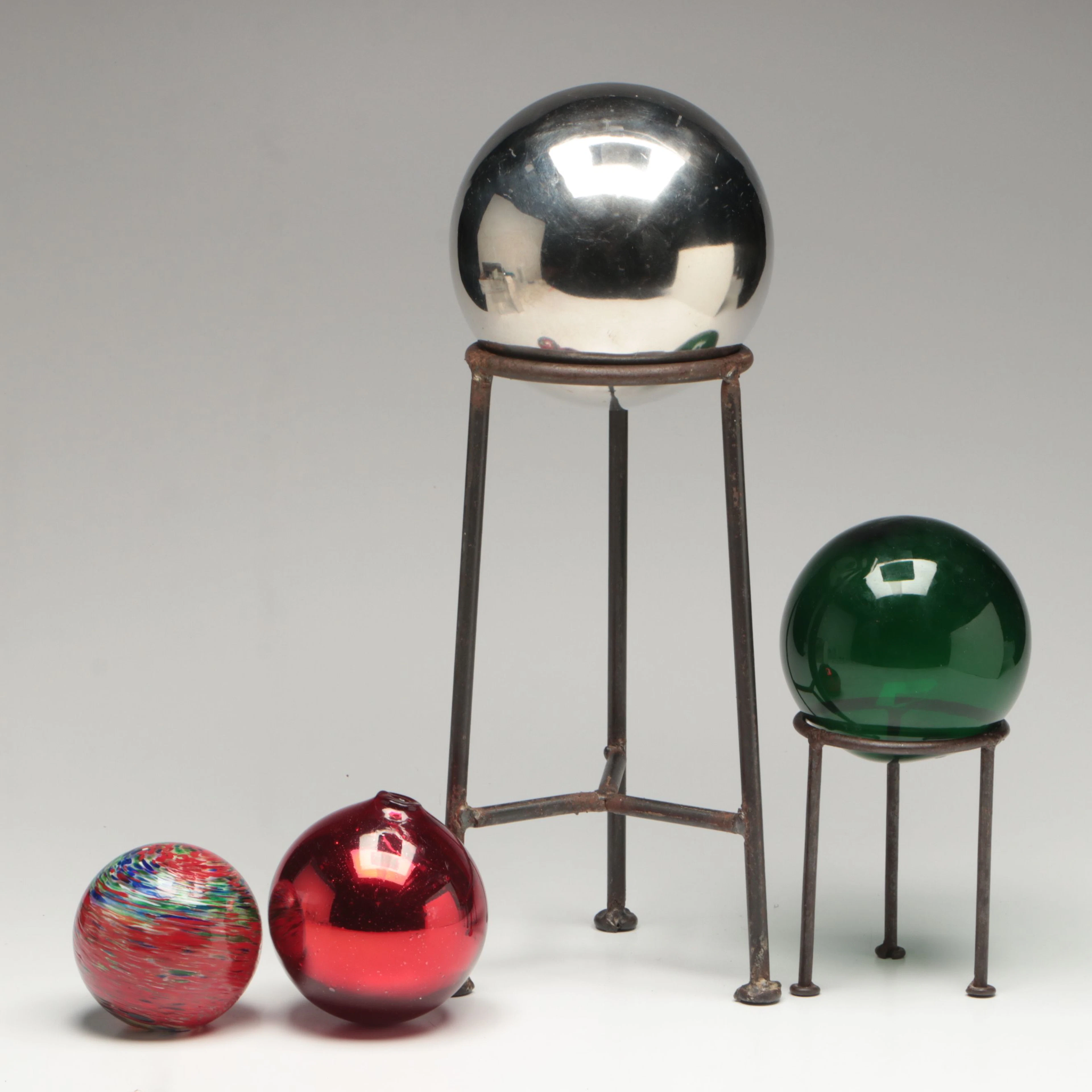 Metal and Glass Gazing Balls with Cast Iron Stands