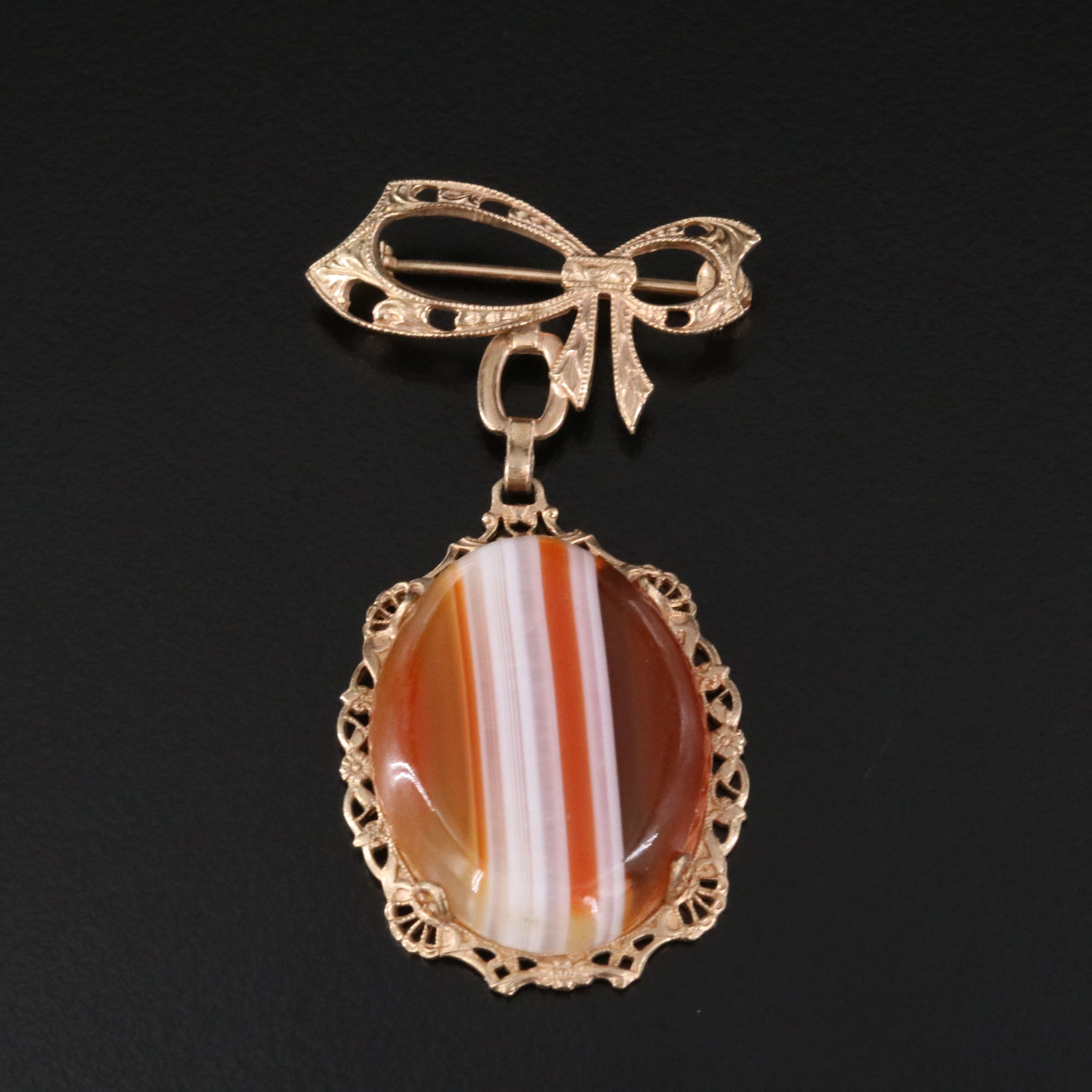 Vintage Bow Brooch with Agate Drop