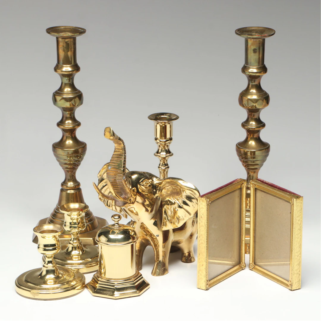 English Beehive Brass Candlesticks, Baldwin and Other Desk Accessories
