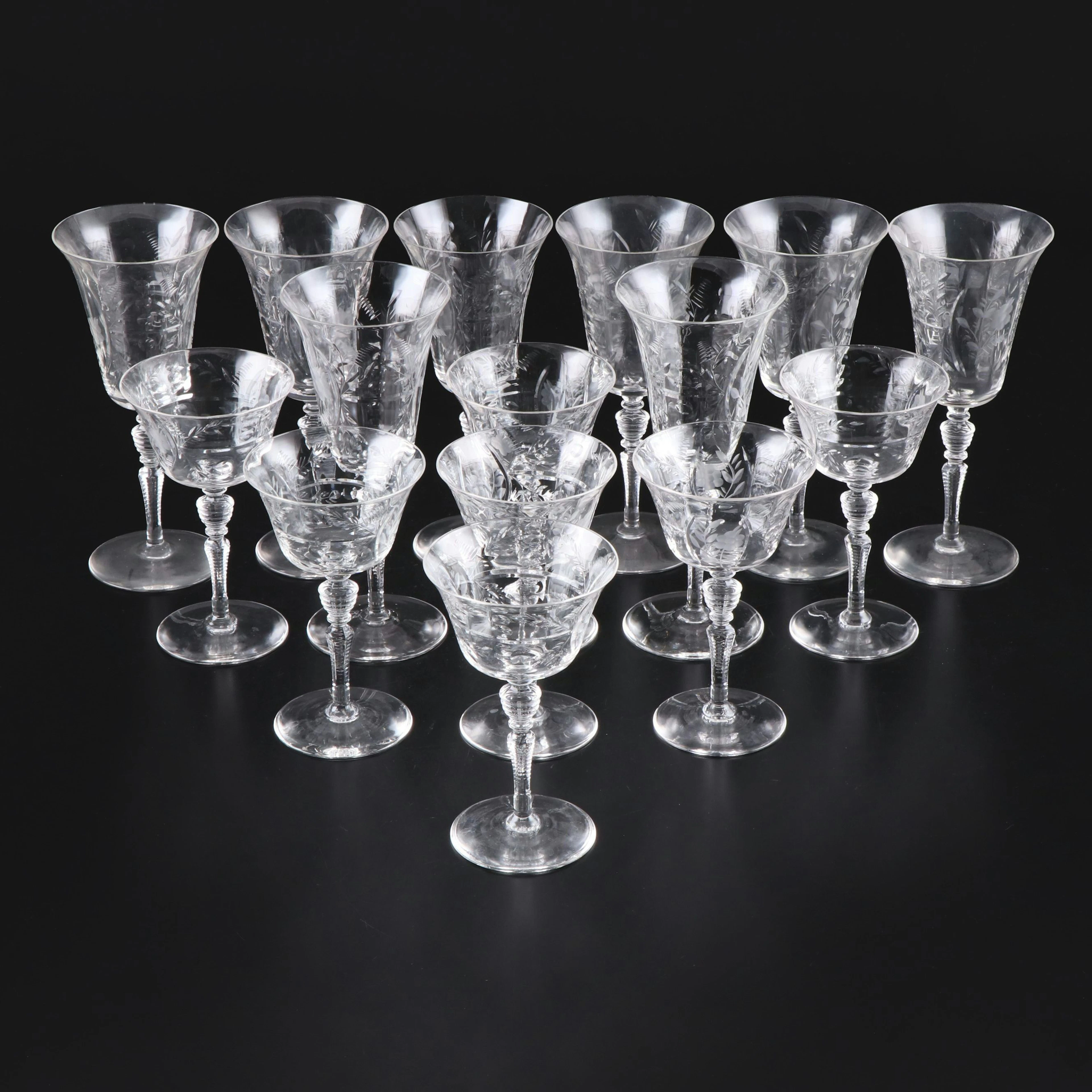 Rock Sharpe "Rembrandt" Floral Cut Glass Stemware, Mid to Late 20th C.