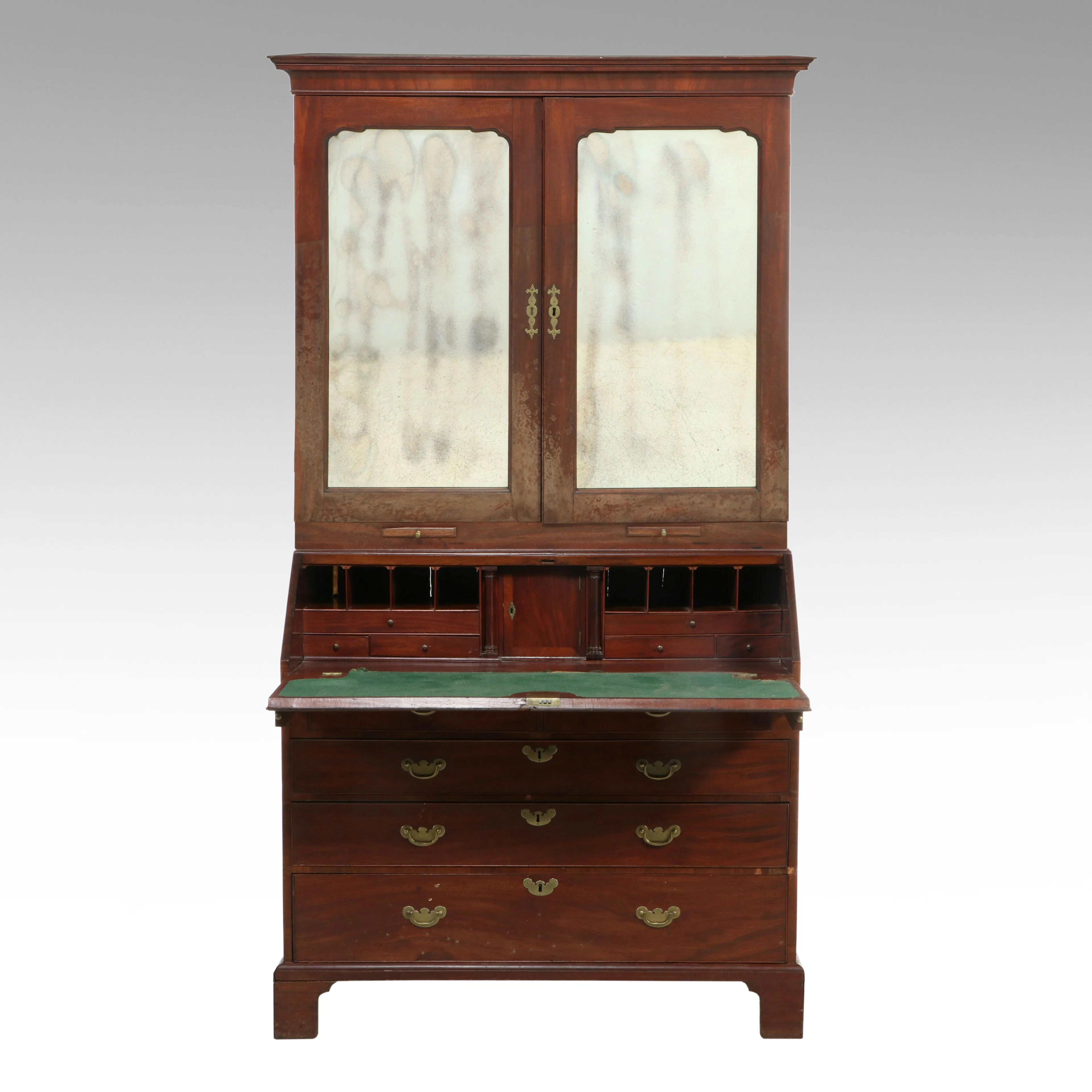 Chippendale Style Mahogany Mirror Front Secretary Bookcase, Early 19th Century
