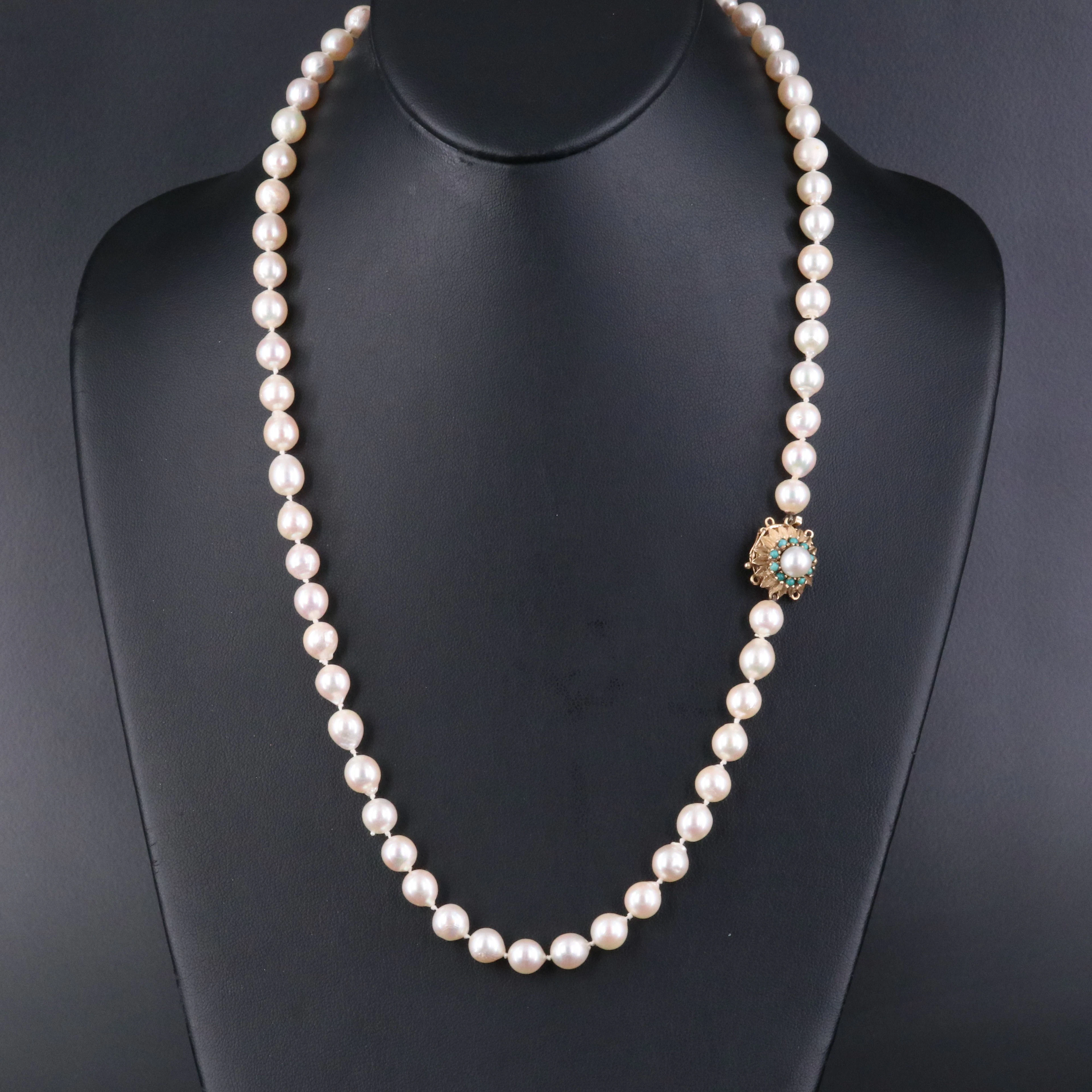 Pearl Necklace with 14K Pearl and Amazonite Clasp