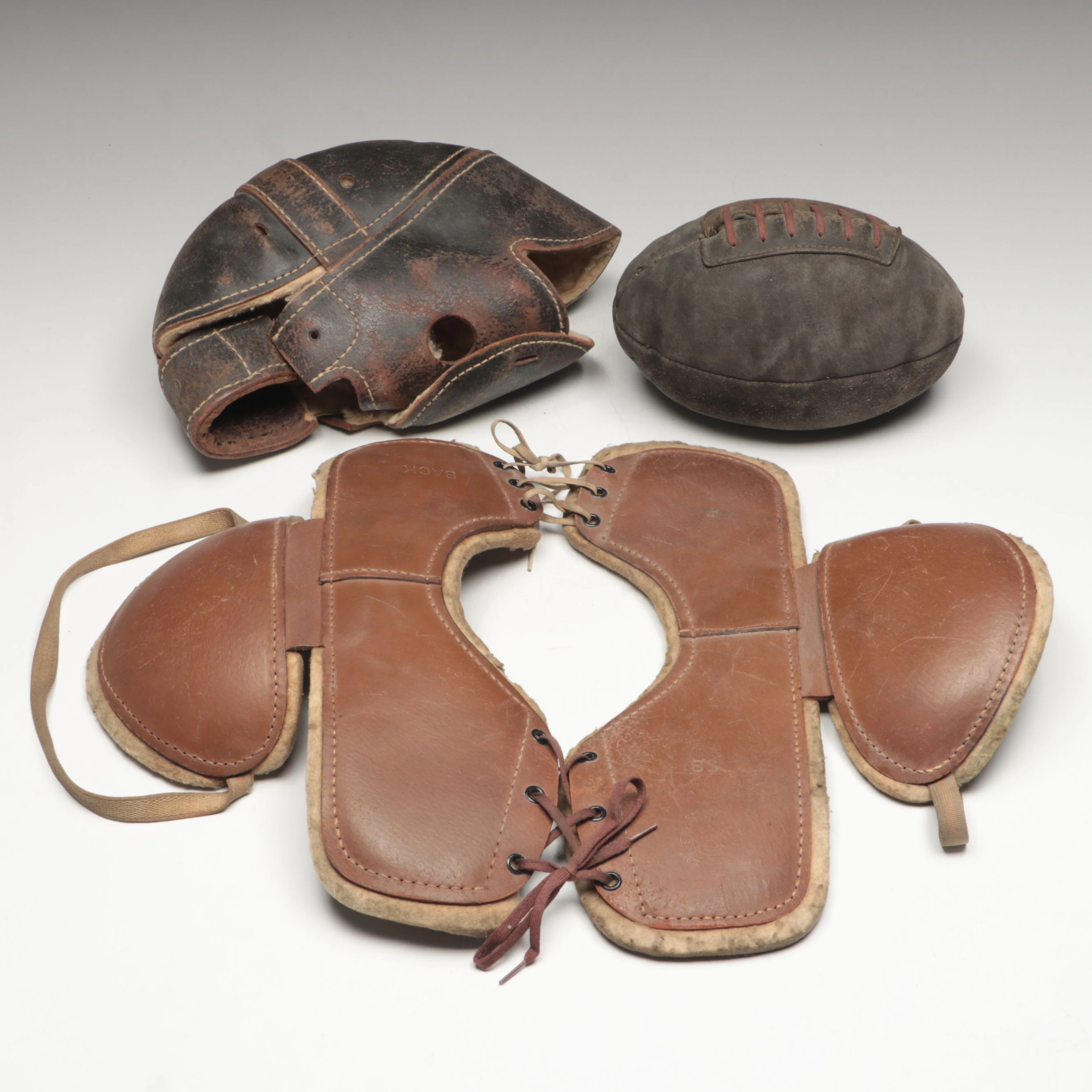 1920s Leather Football, Helmet and Shoulder Pads, Vintage