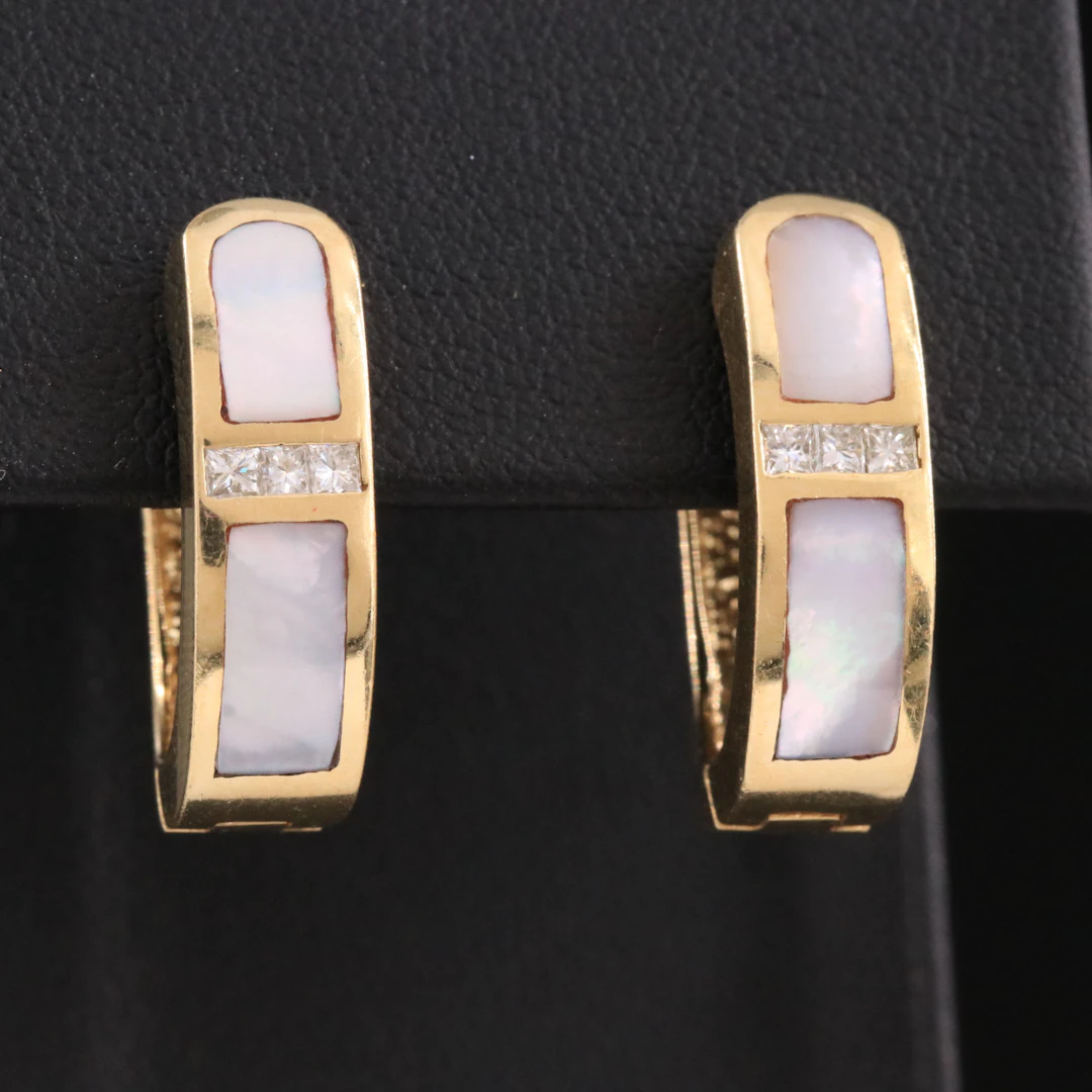 14K Mother-of-Pearl Inlay and Diamond Hoop Earrings