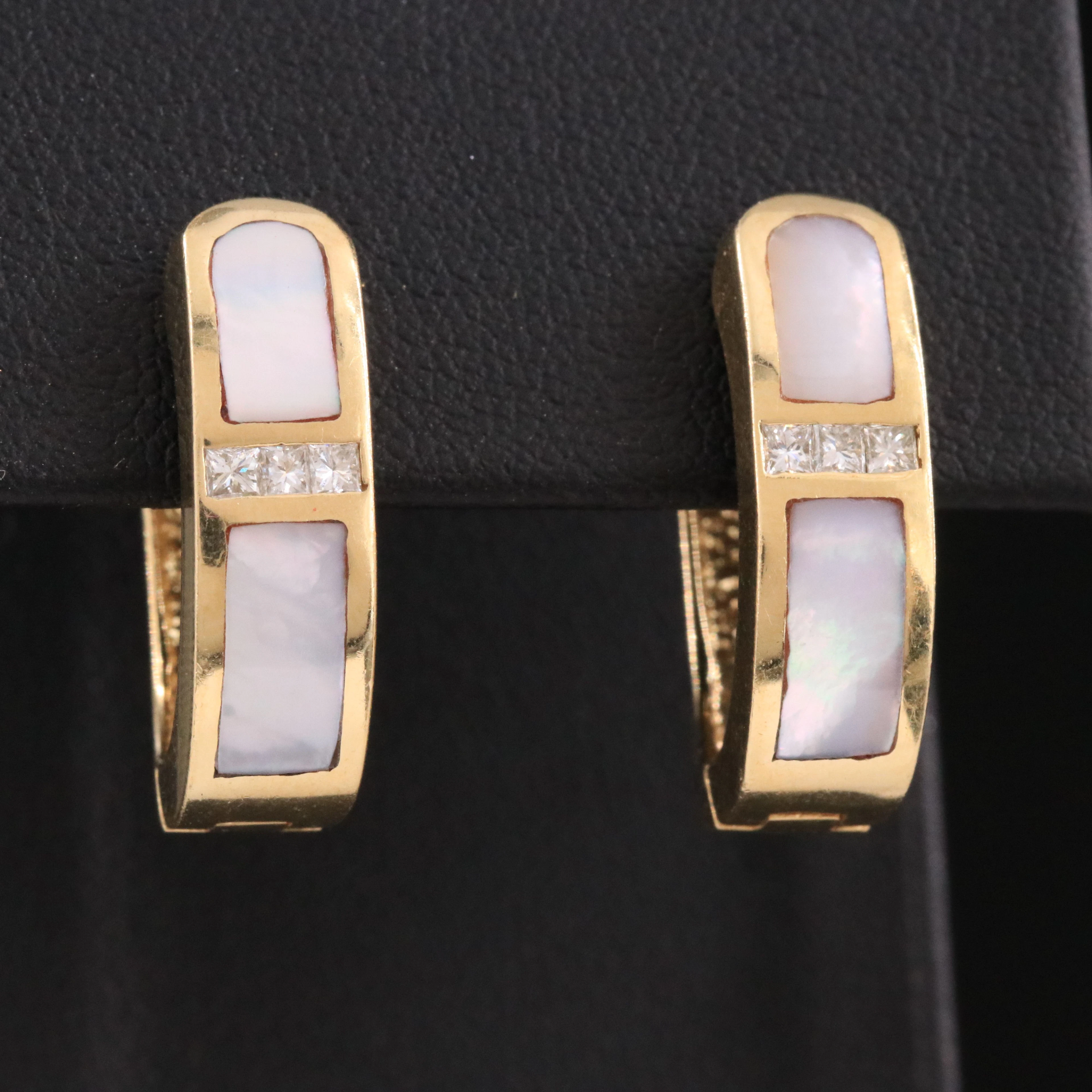 14K Mother-of-Pearl Inlay and Diamond Hoop Earrings