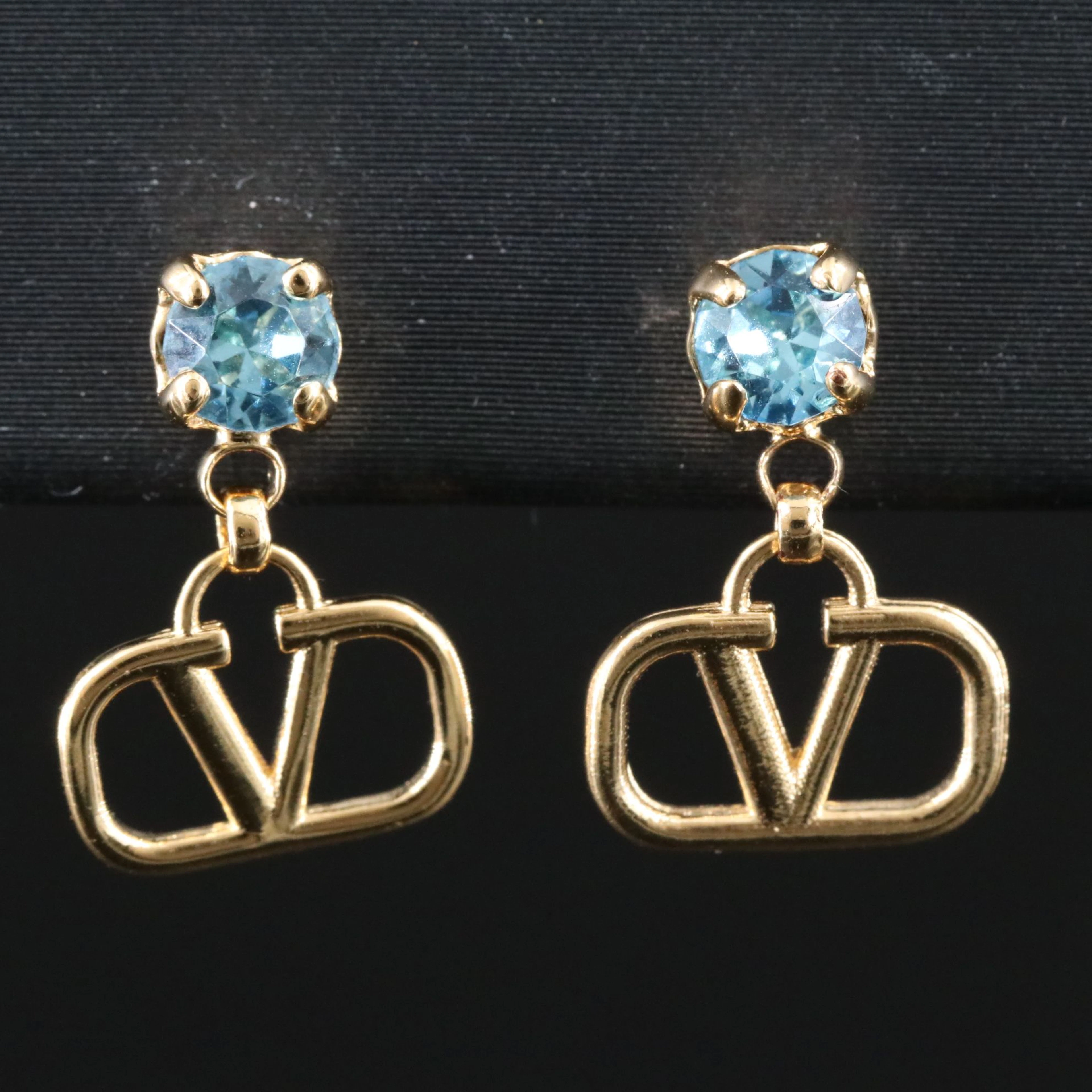 Valentino Garavani Logo and Blue Crystal Drop Earrings