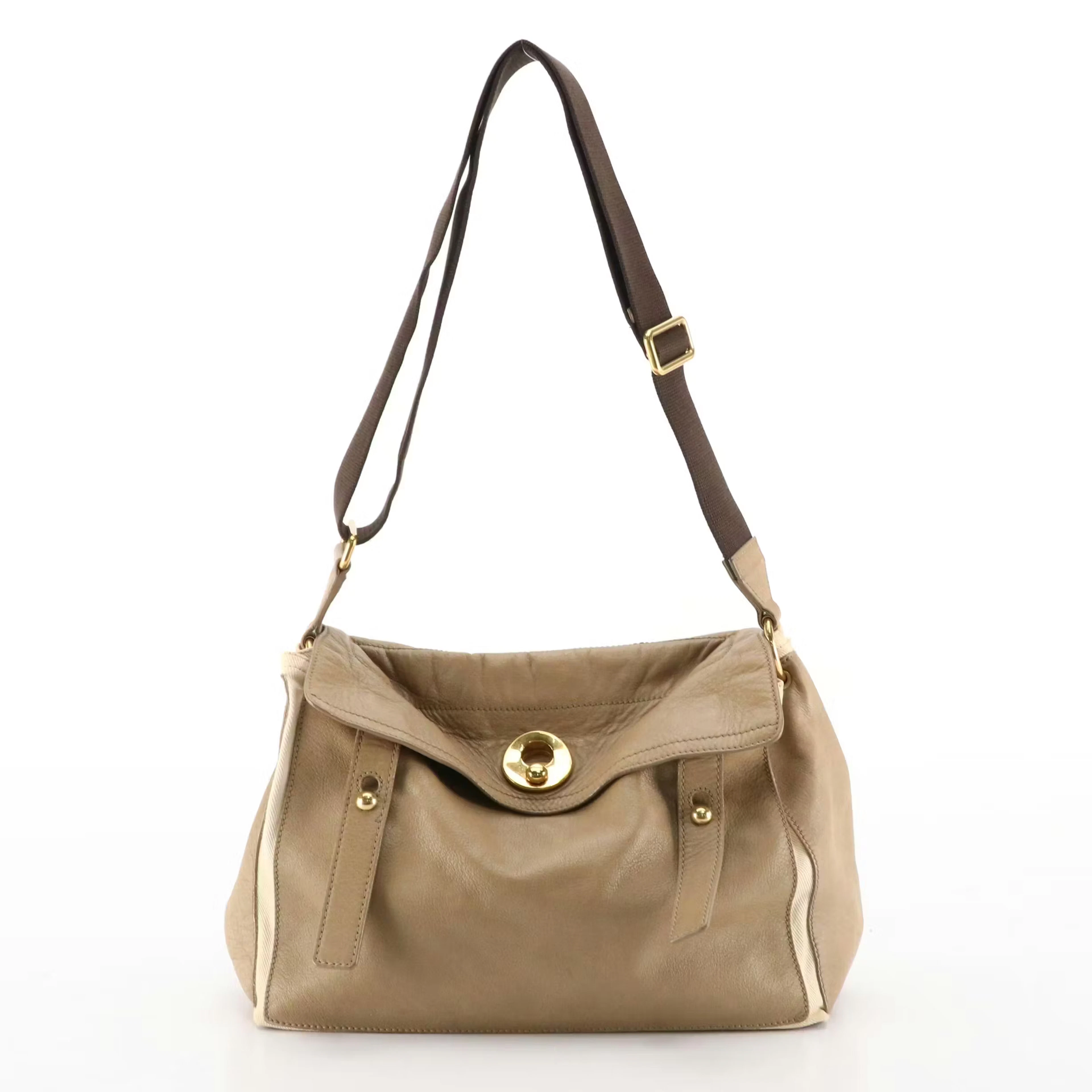 Yves Saint Laurent Muse 2 Shoulder Bag in Beige Grained Leather and Canvas