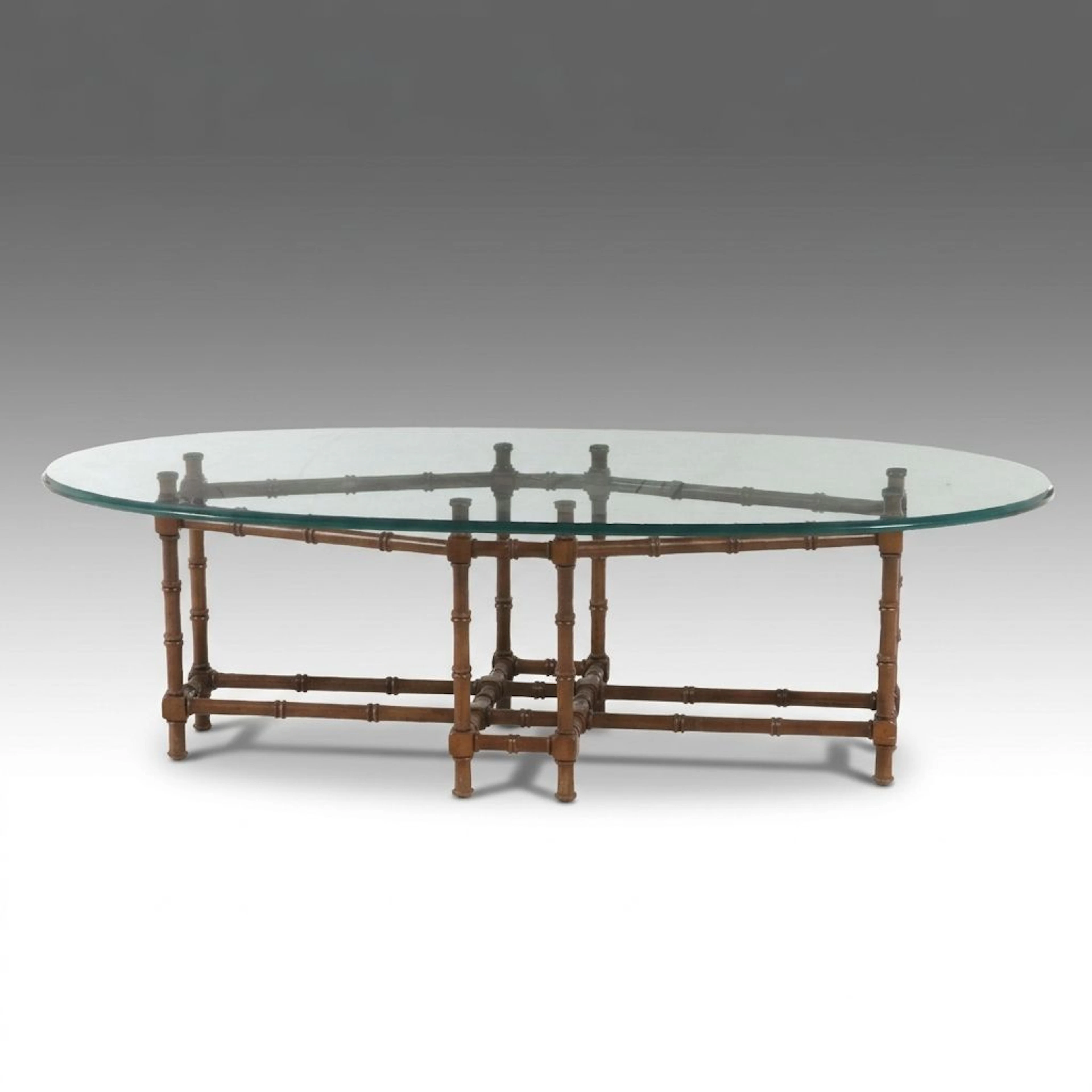 Contemporary Hollywood Regency Style Faux Bamboo and Oval Glass Coffee Table