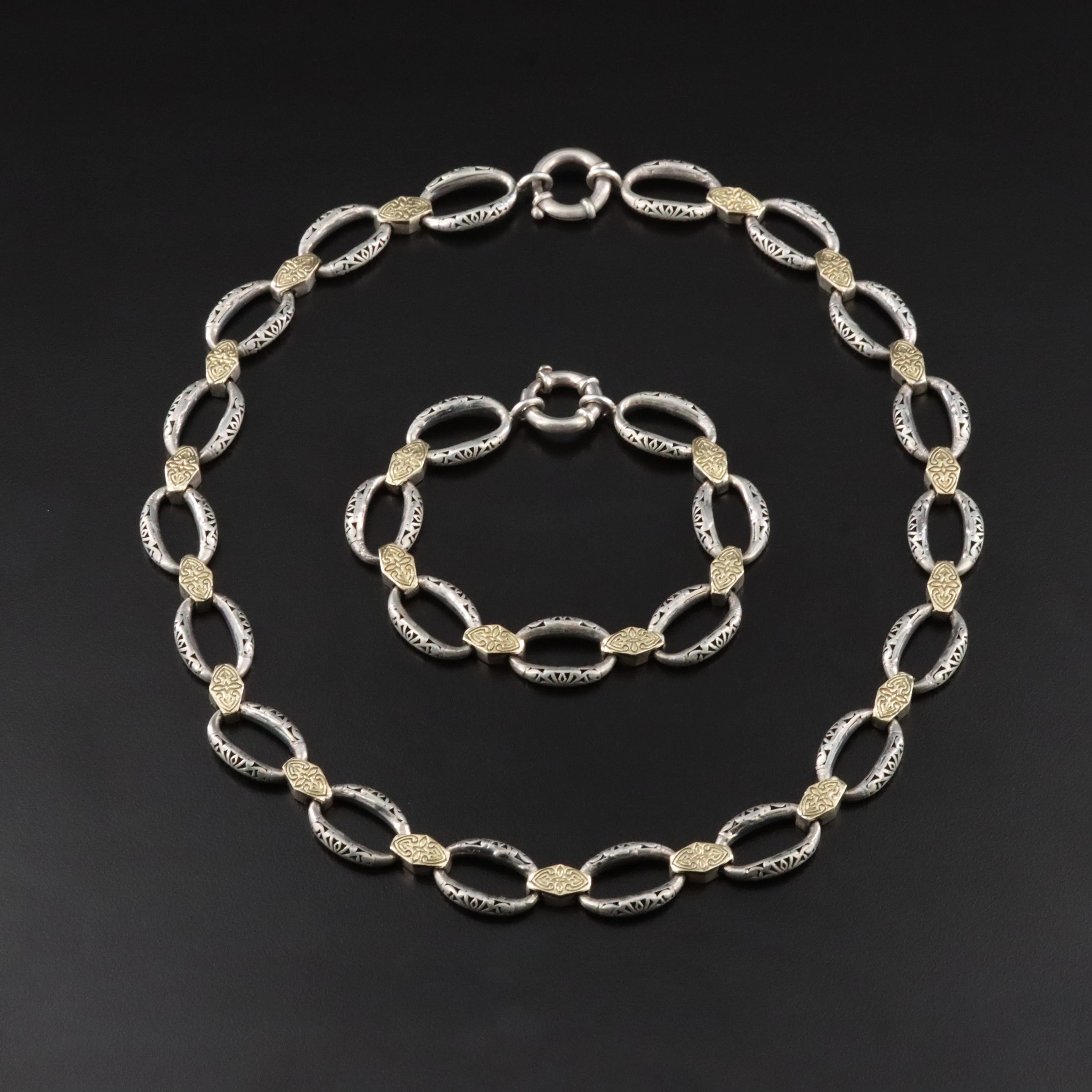Phillip Gavriel Sterling and 18K Openwork Oval Link Necklace and Bracelet