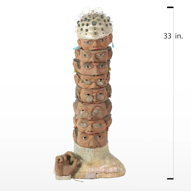 Mixed Media Stacked and Embellished Face Totem Sculpture, Late 20th Century