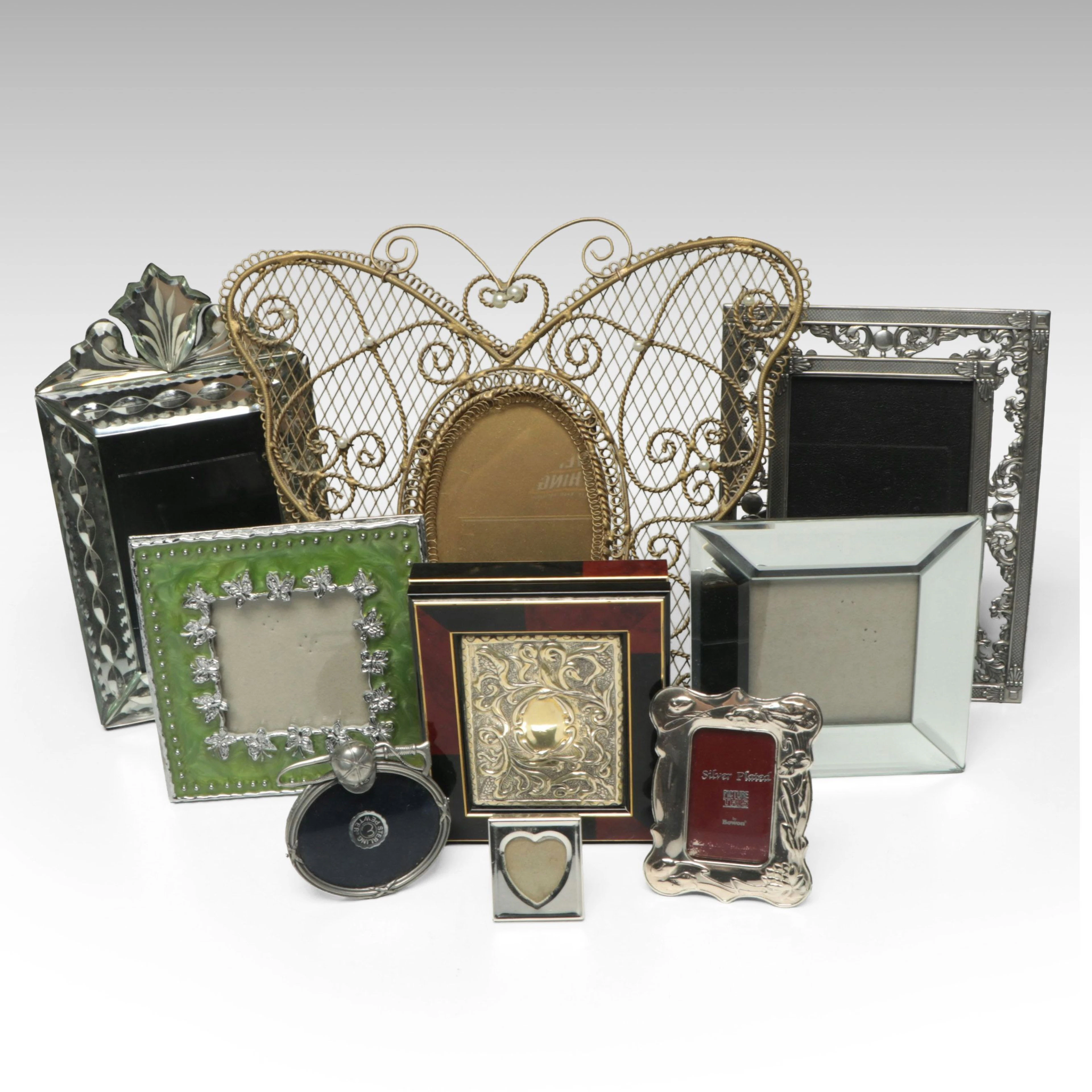 Butterfly-Shaped Wire Frame with Enameled and Other Picture Frames