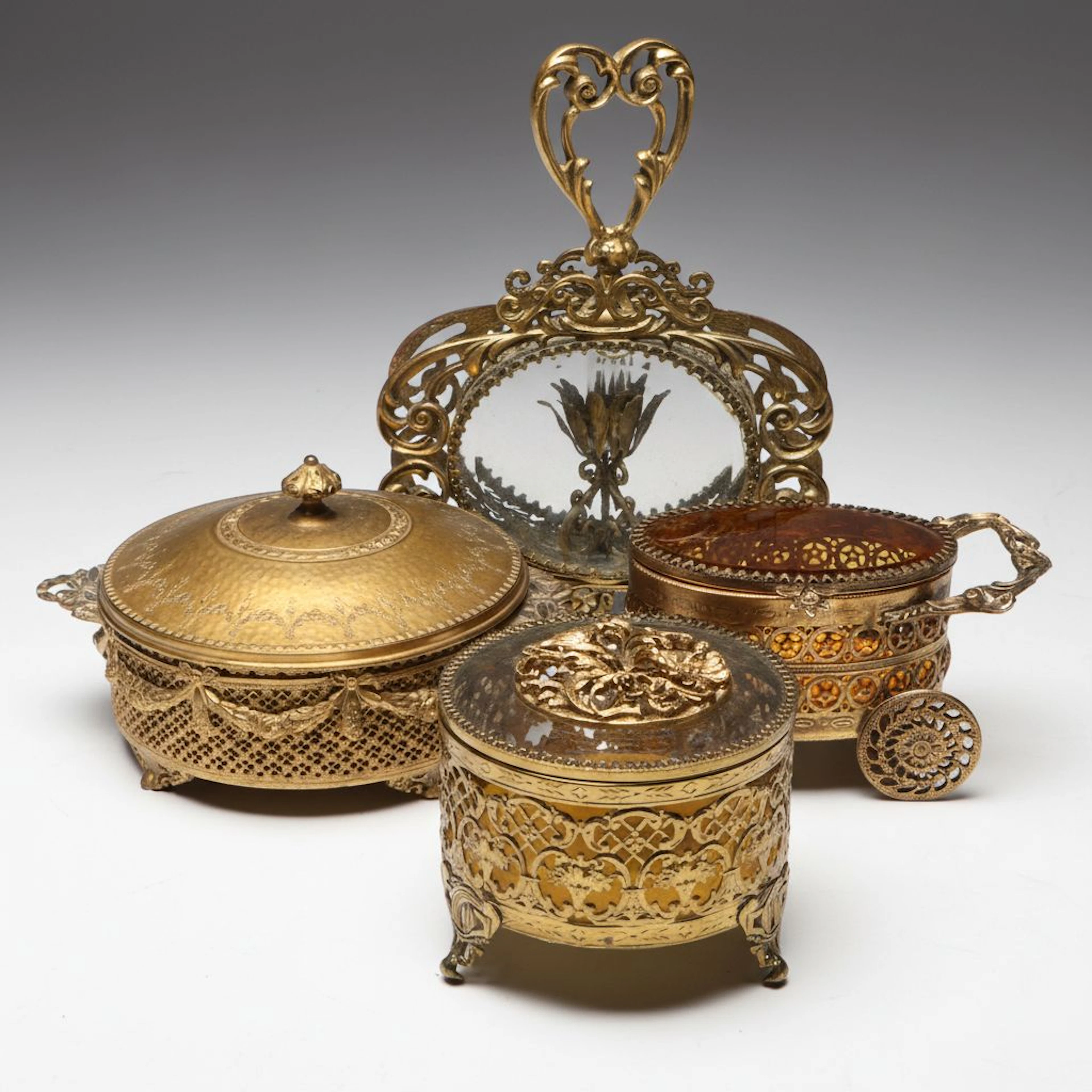 Ormolu Mount and Glass Perfume Bottle With Jewelry Caskets