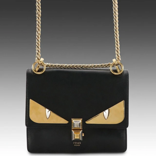 Fendi Kan Monster Eyes Crossbody Bag in Black Leather and Mixed Metal