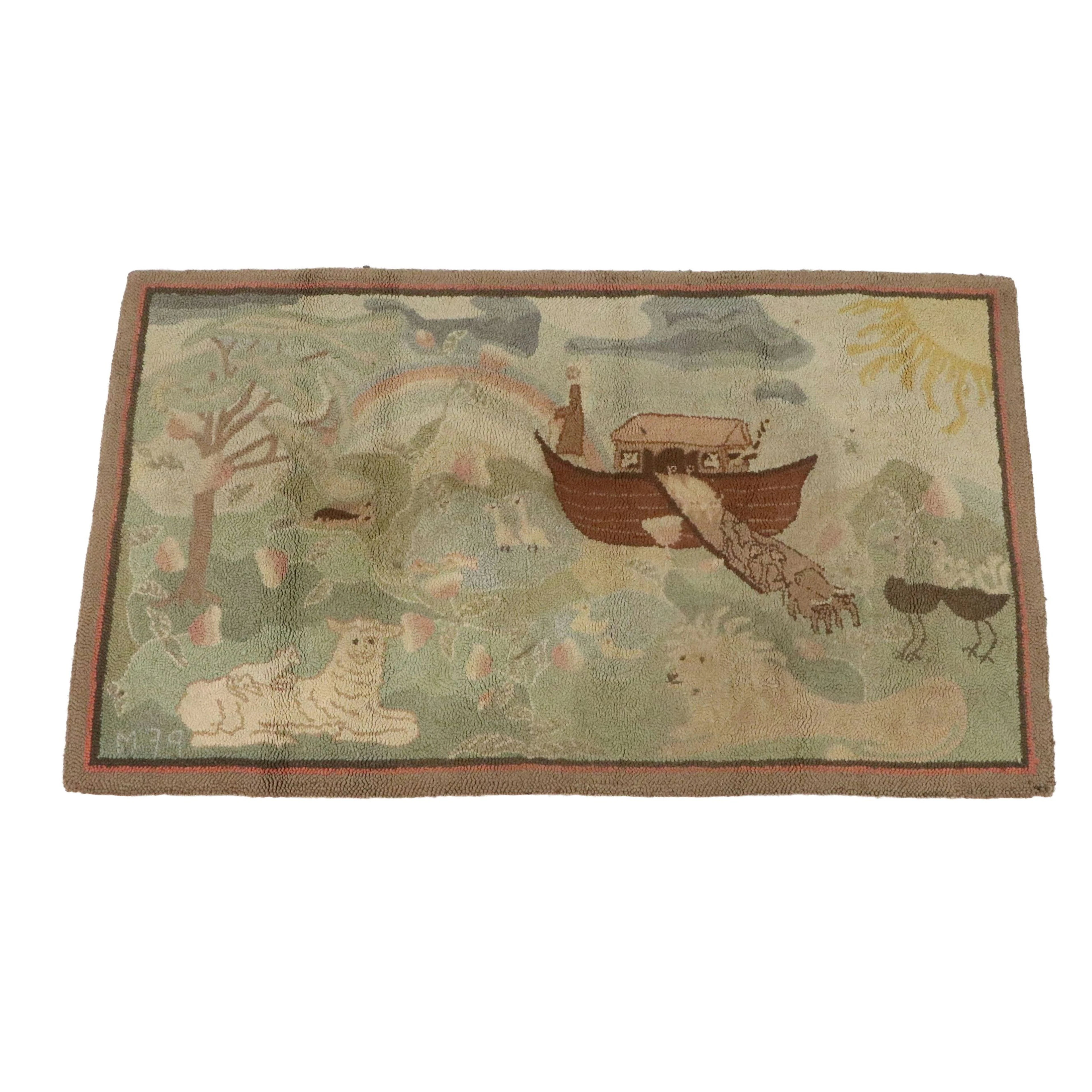 3'5 x 5'7 Handmade Hooked Wool Noah's Ark Theme Area Rug