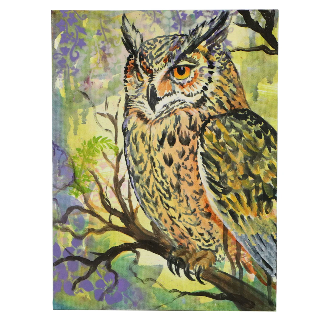 Mary Beck Stylized Mixed Media Painting "Horned Owl," 2026