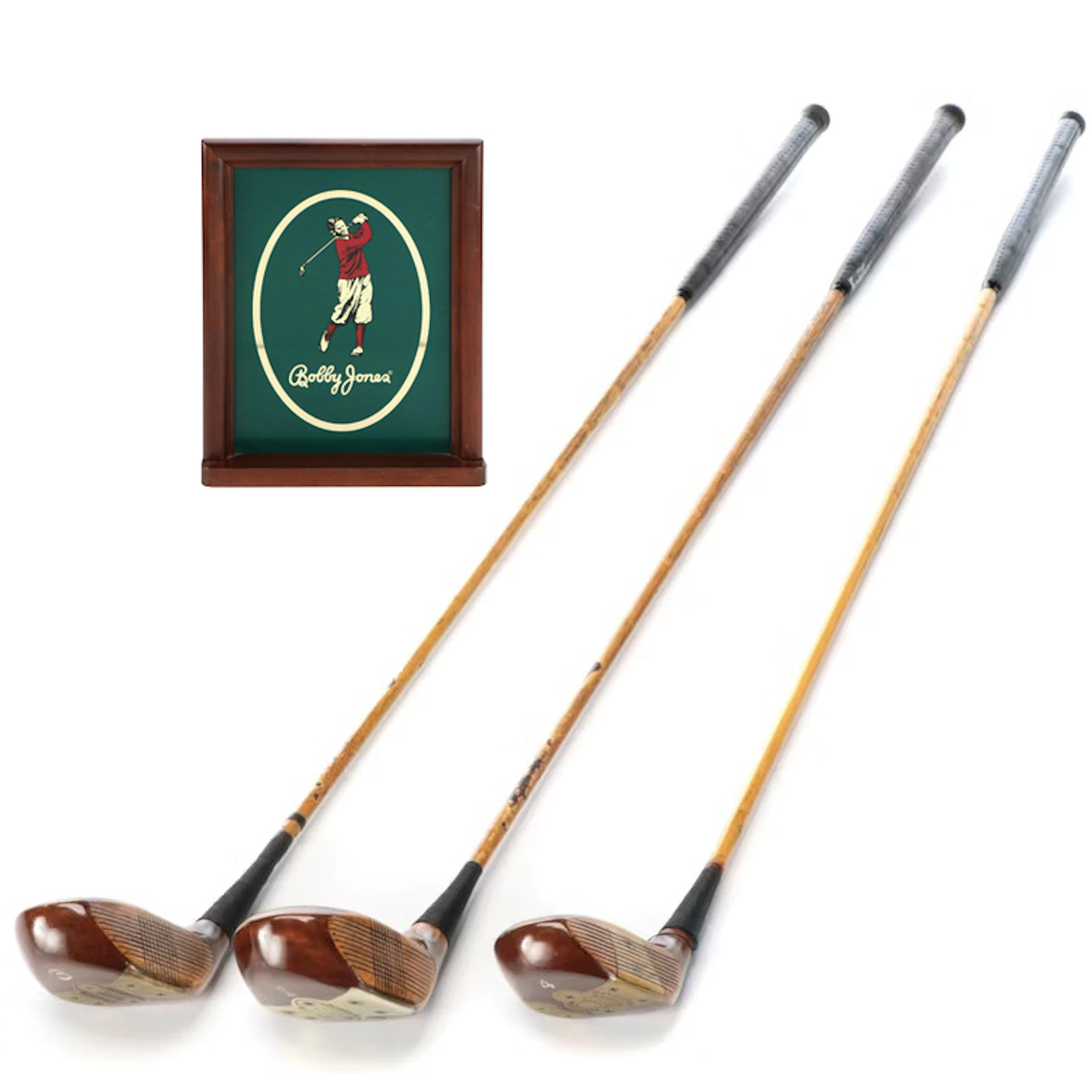 Bobby Jones Double-Sided Portrait, Spalding Autograph Hickory Stick Golf Clubs