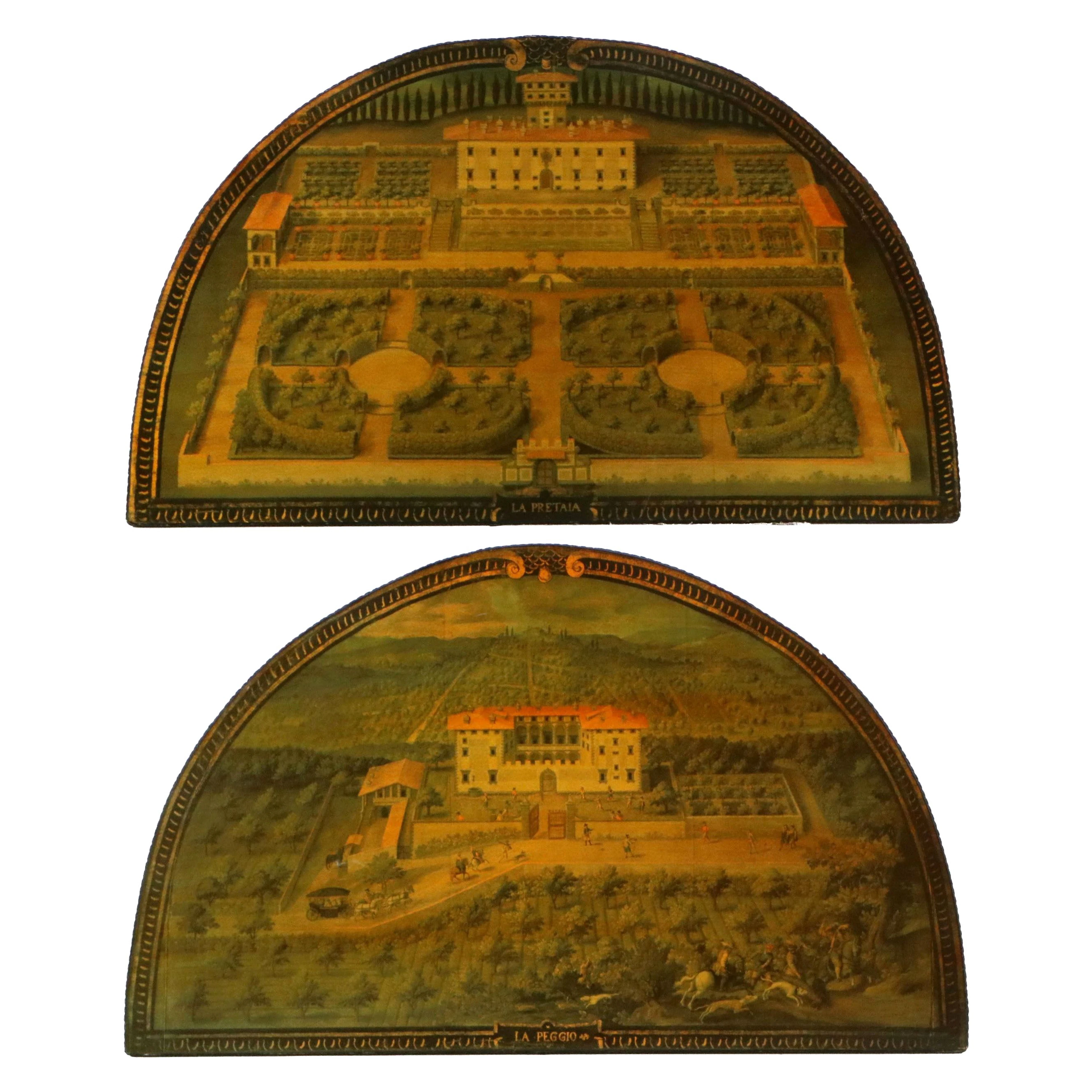 Pair of Lunette Offset Lithos After Giusto Utens of Medici Villas, Late 20th C.