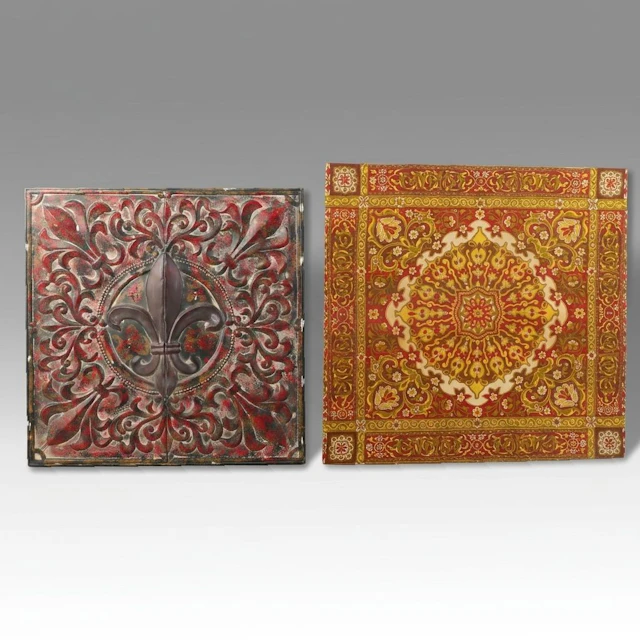 Antiqued Fleur-de-Lis Metal Wall Hanging with Other Arabesque Fabric Décor