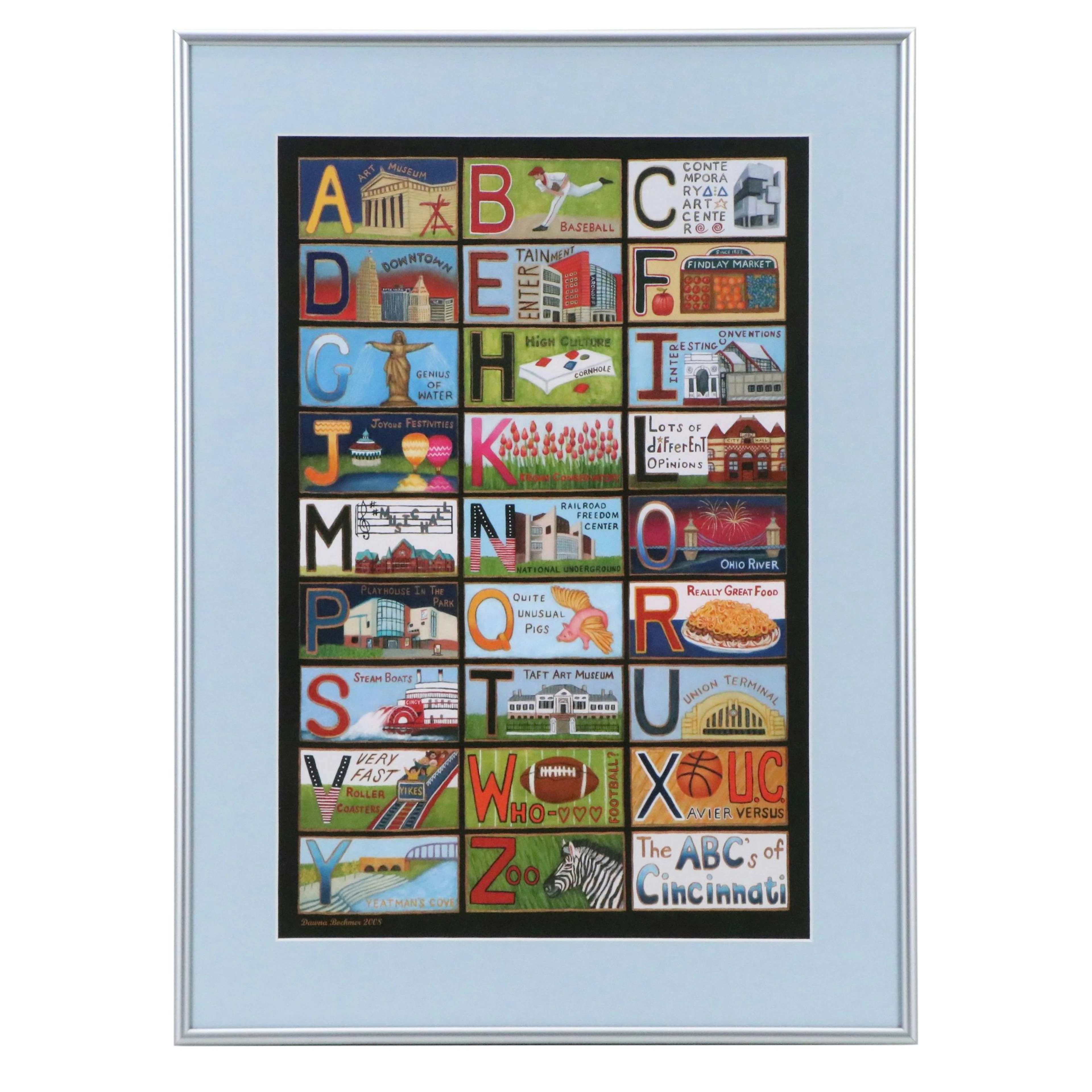 After Dawna Boehmer Whimsical Offset Lithograph "The ABC's of Cincinnati," 2008