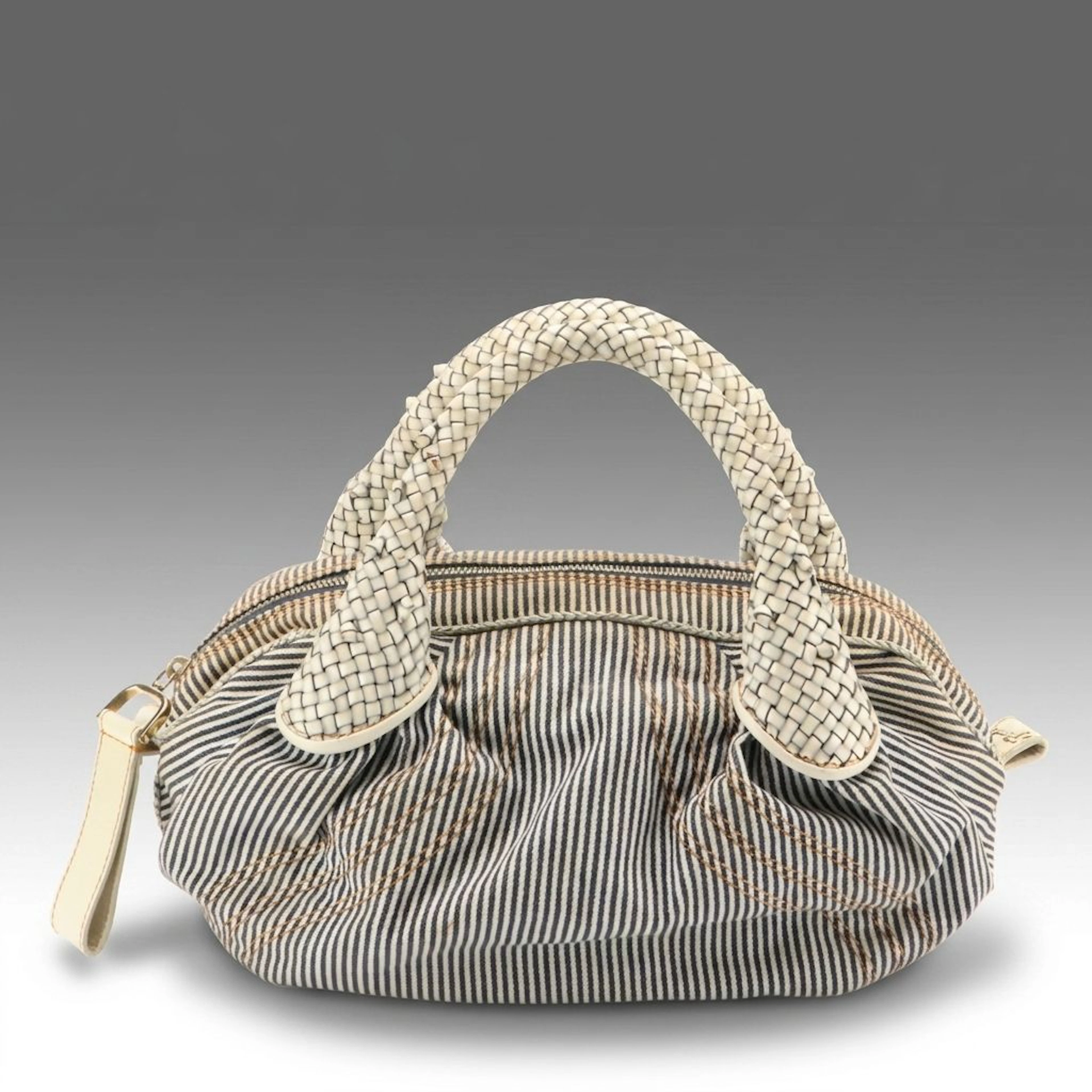 Fendi Striped Denim and Leather Spy Bag with Fendi Floral/Fur Bag Charms