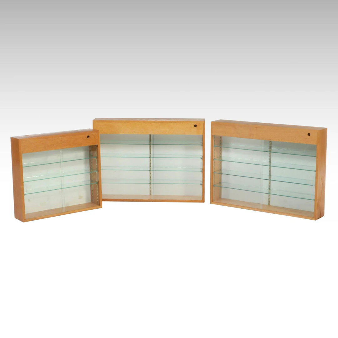 Three Oak Wall Mount Display Cabinets, Late 20th Century