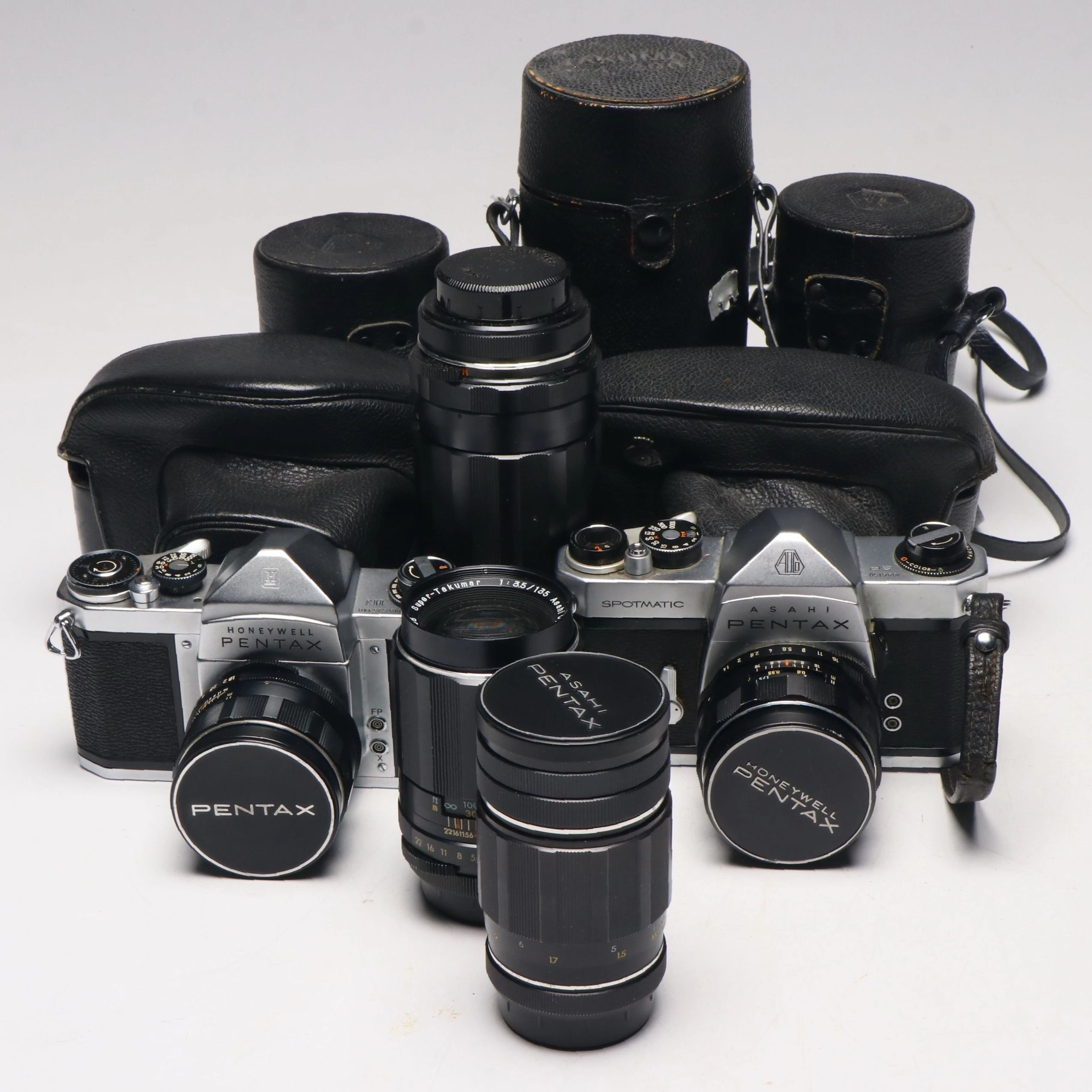 Pentax Spotmatic and H3 SLR Film Cameras with Lenses and Cases