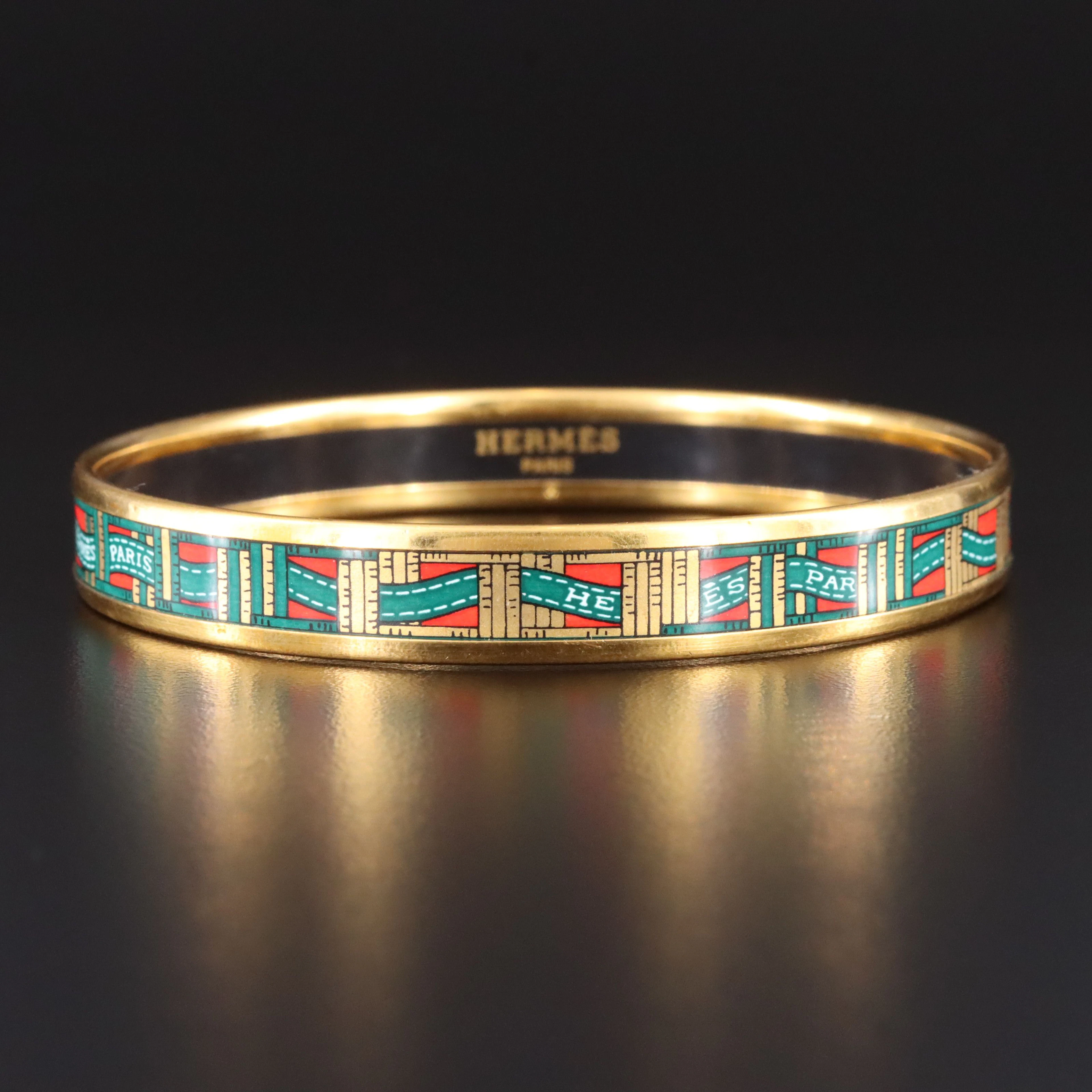 Hermès Paris Red and Green Ribbon Motif Enamel Bangle