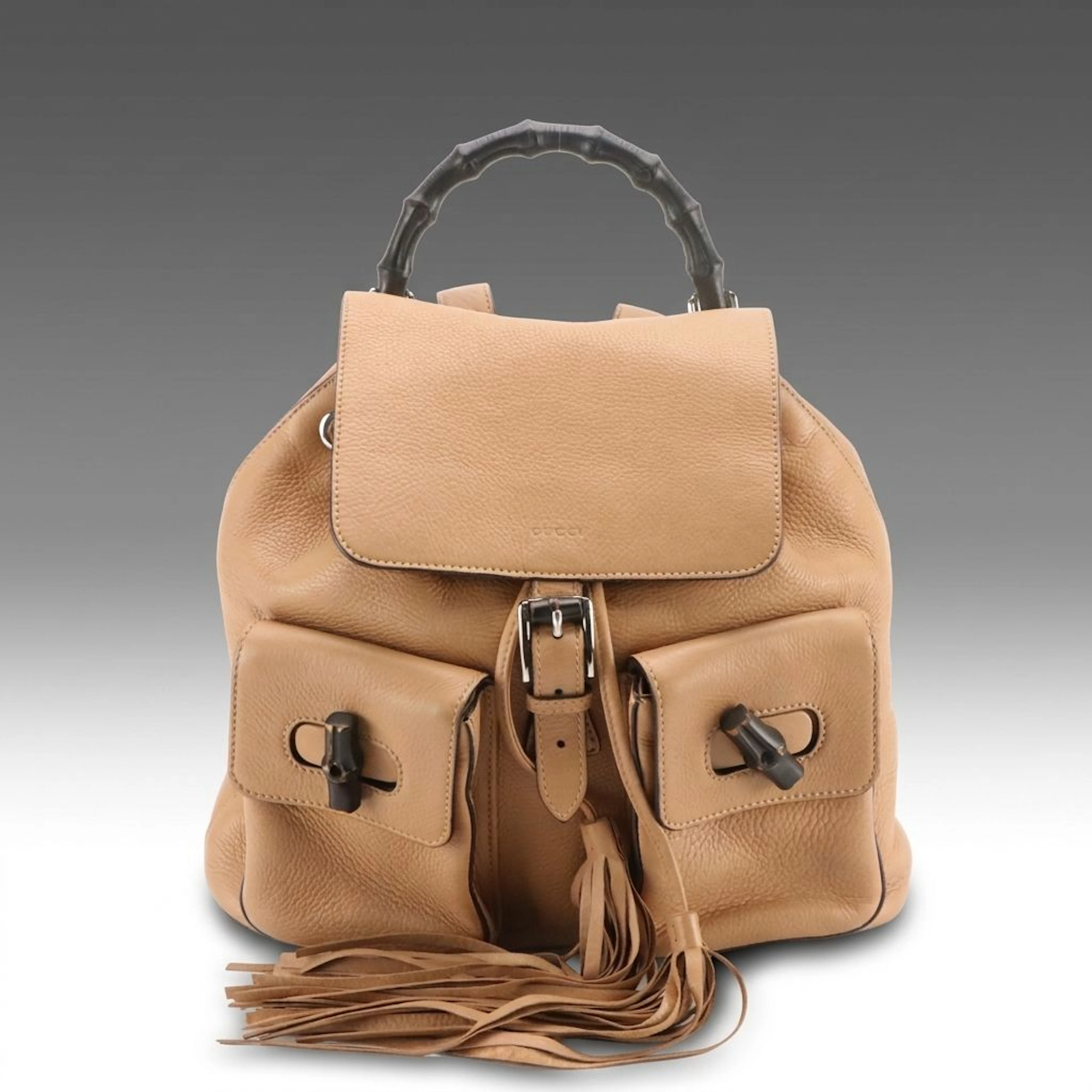 Gucci Bamboo Backpack Bag in Neutral Cellarius Calfskin Leather