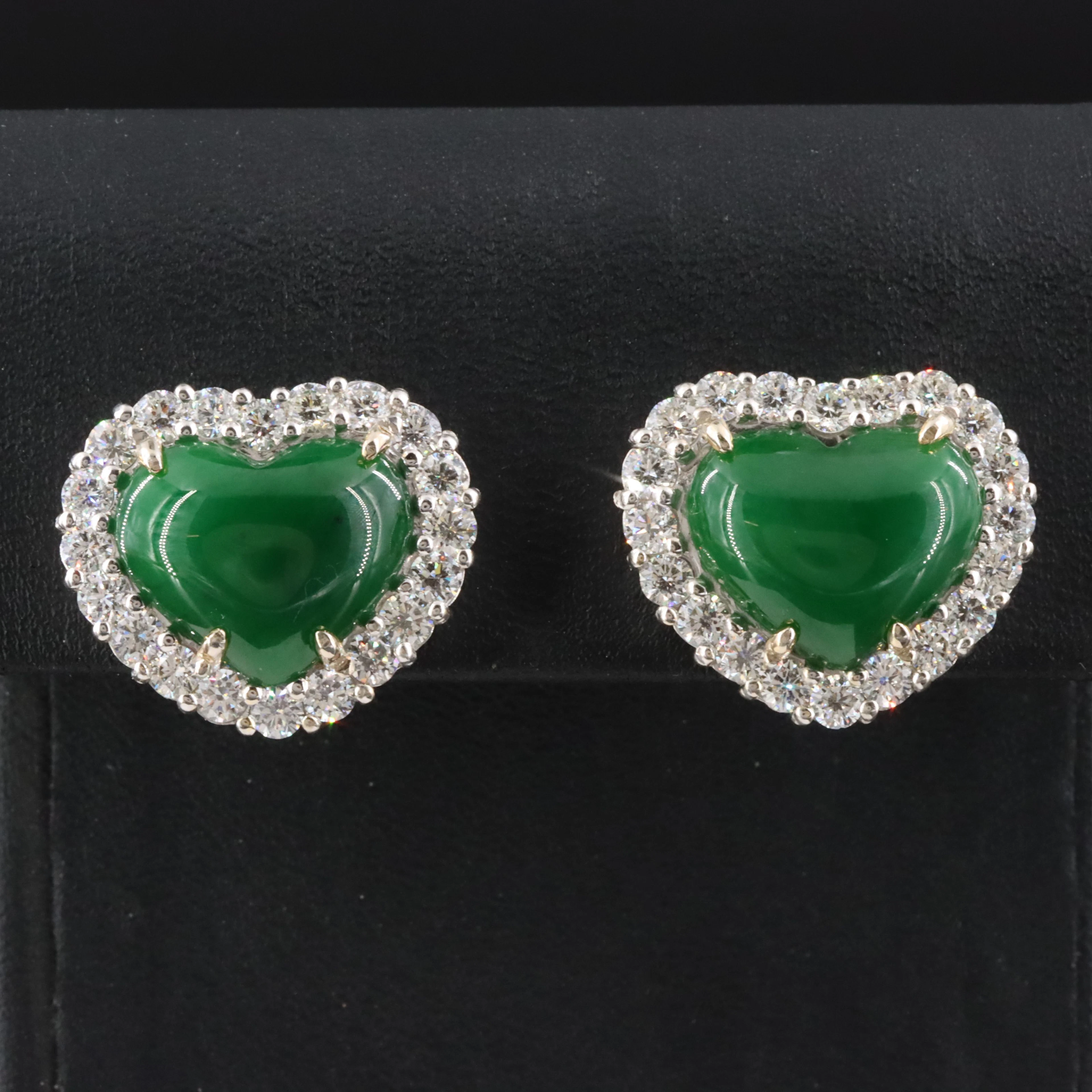 14K Type A Burmese Jadeite and 2.83 CTW Diamond Heart Earrings with GIA Report