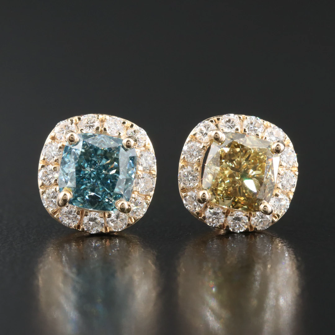 14K 3.85 CTW Lab Grown Diamond Halo Earrings with Fancy Blue and Yellow Centers