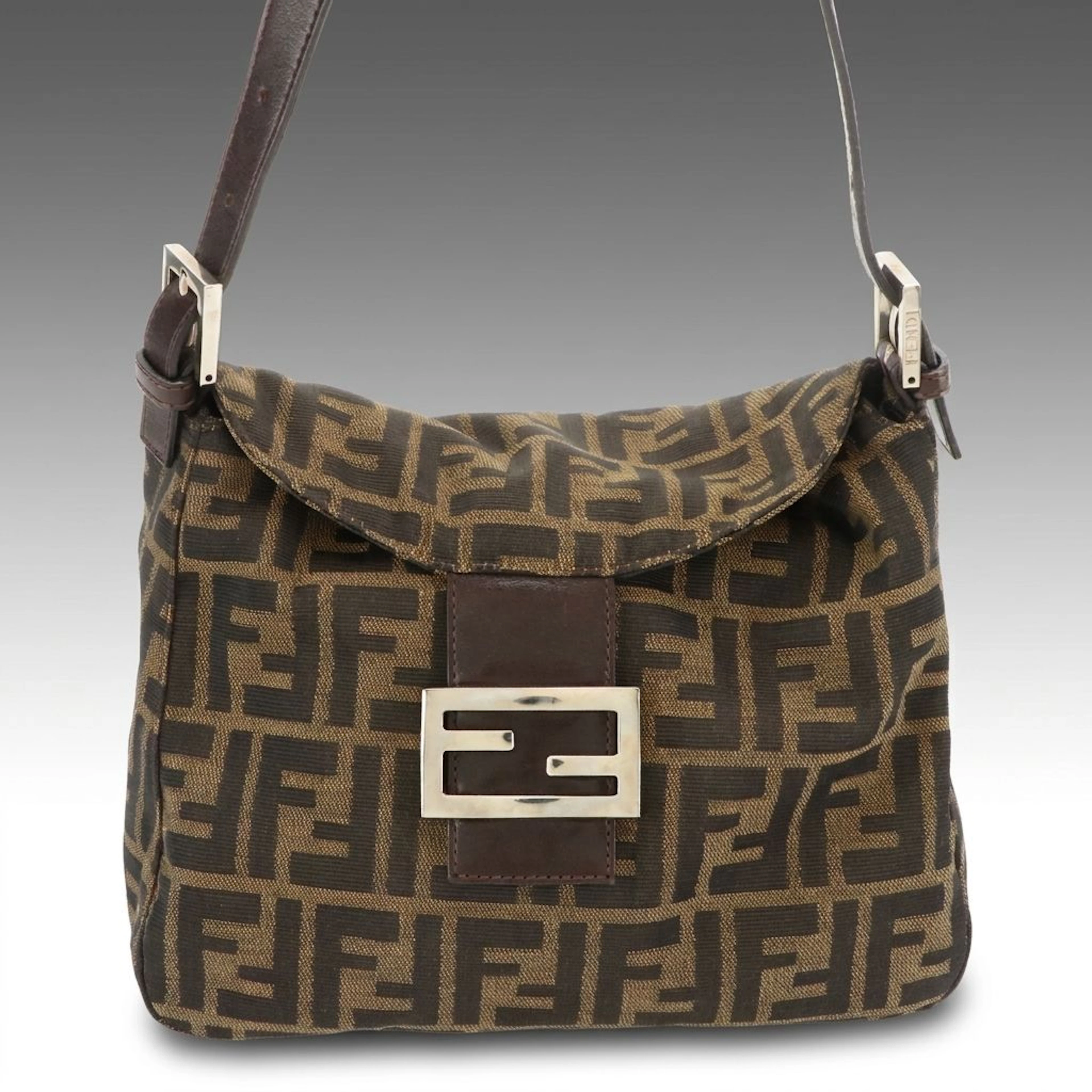 Mamma Baguette Shoulder Bag in Brown/Black Zucca Canvas and Leather