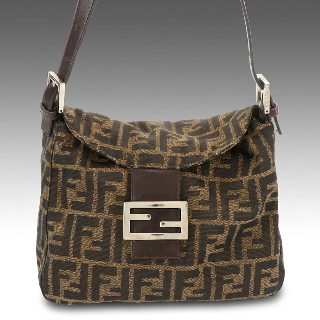 Mamma Baguette Shoulder Bag in Brown/Black Zucca Canvas and Leather