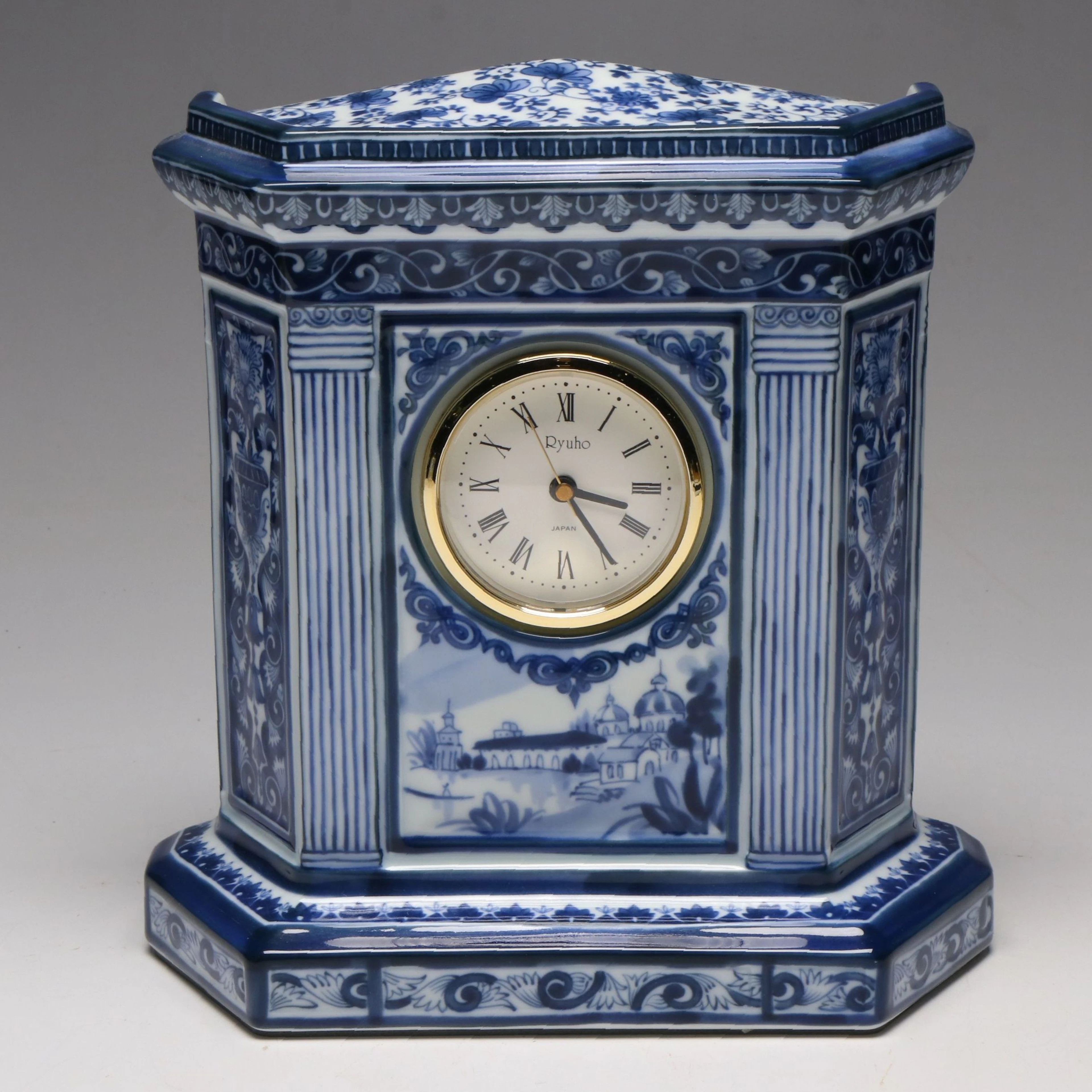 Ryuho Japanese Blue and White Porcelain Mantel Clock