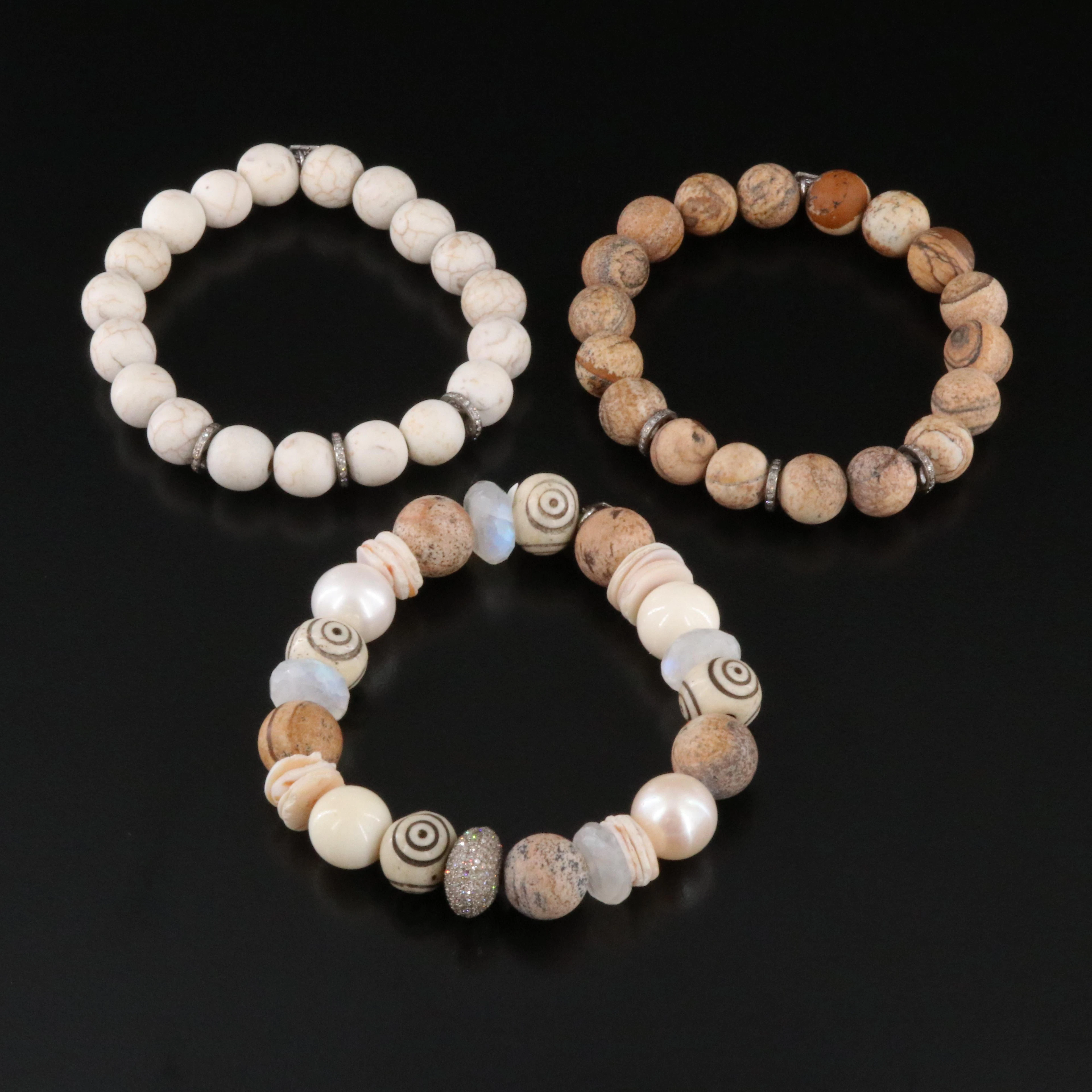 Sheryl Lowe Sterling Gemstone Bead Bracelets with Howlite, Jasper and Diamonds