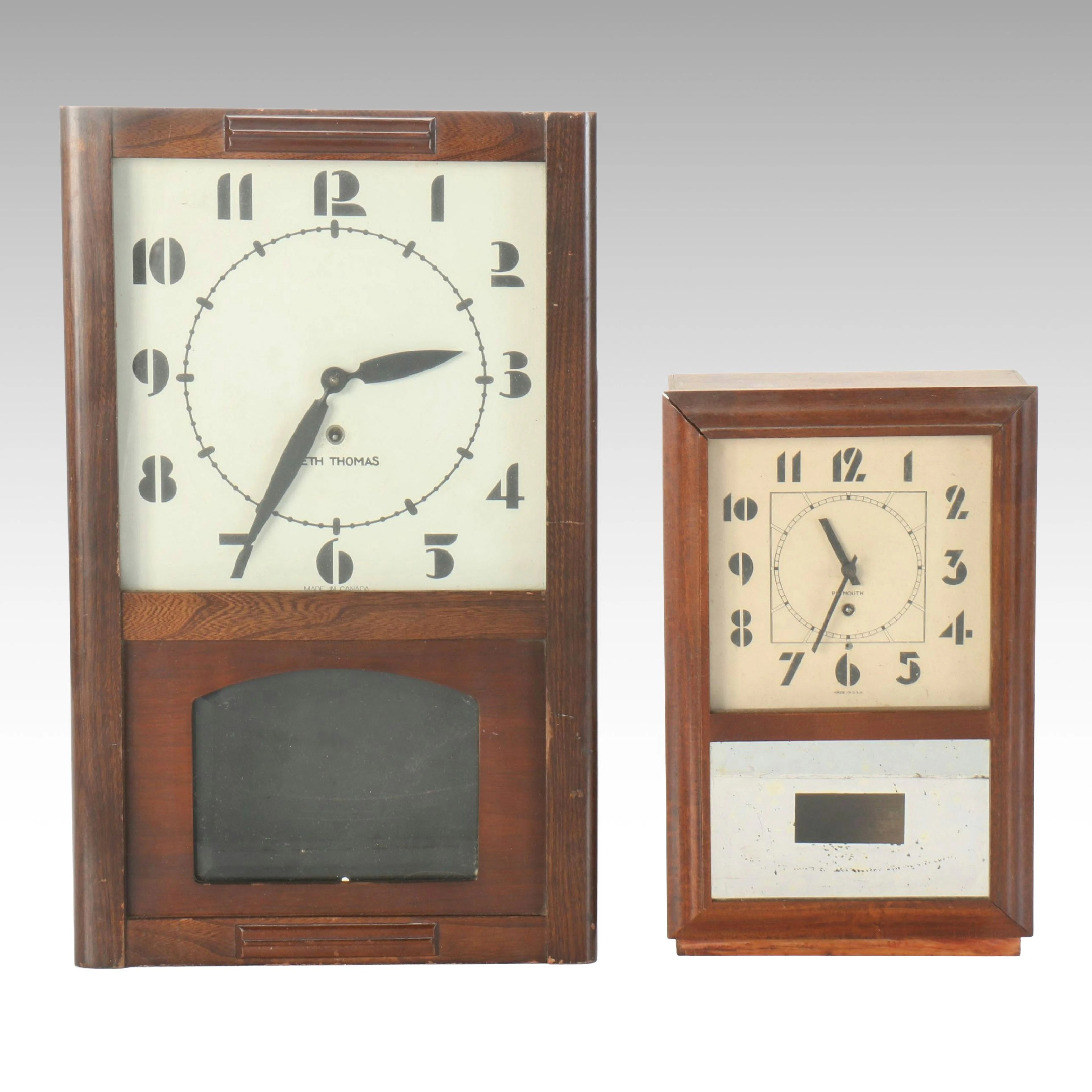 Seth Thomas and Plymouth Wooden Rectangular Wall Clocks, Early to Mid-20th C.