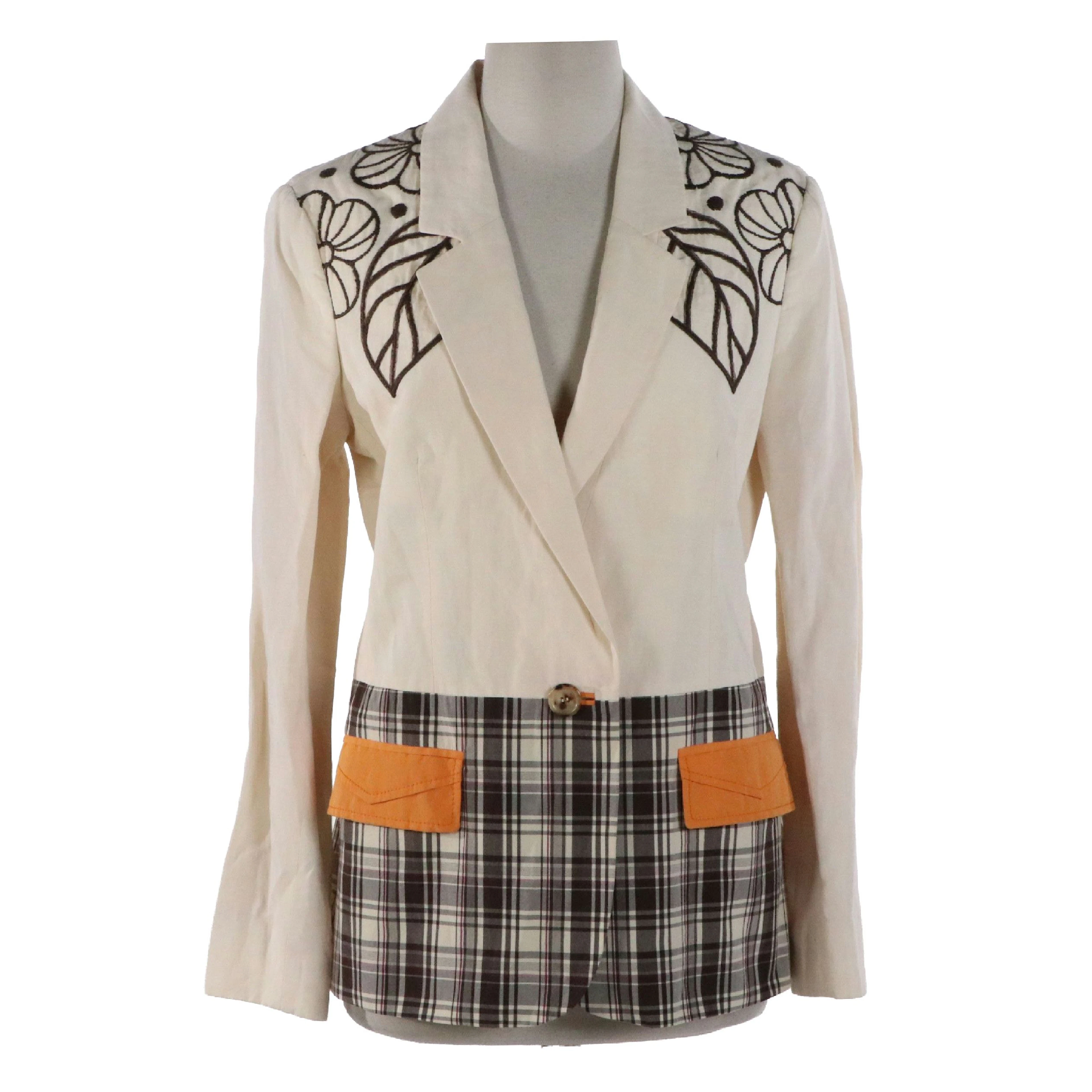 Moschino Cheap and Chic Y2K Embroidered Cotton & Linen Blazer with Plaid Accent