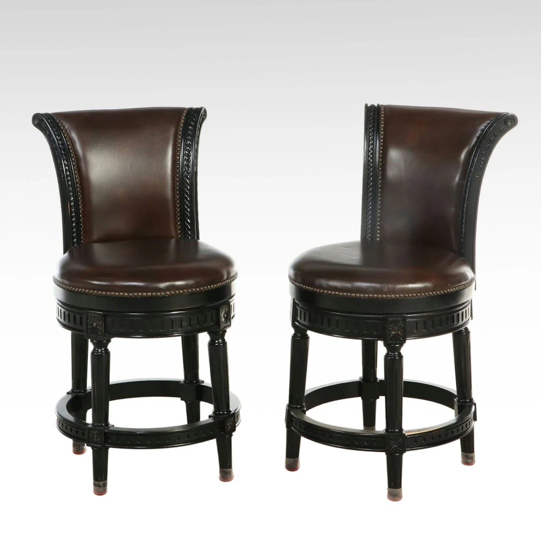 Pair of Frontgate Leather Upholstered Swivel Barstools, 21st Century