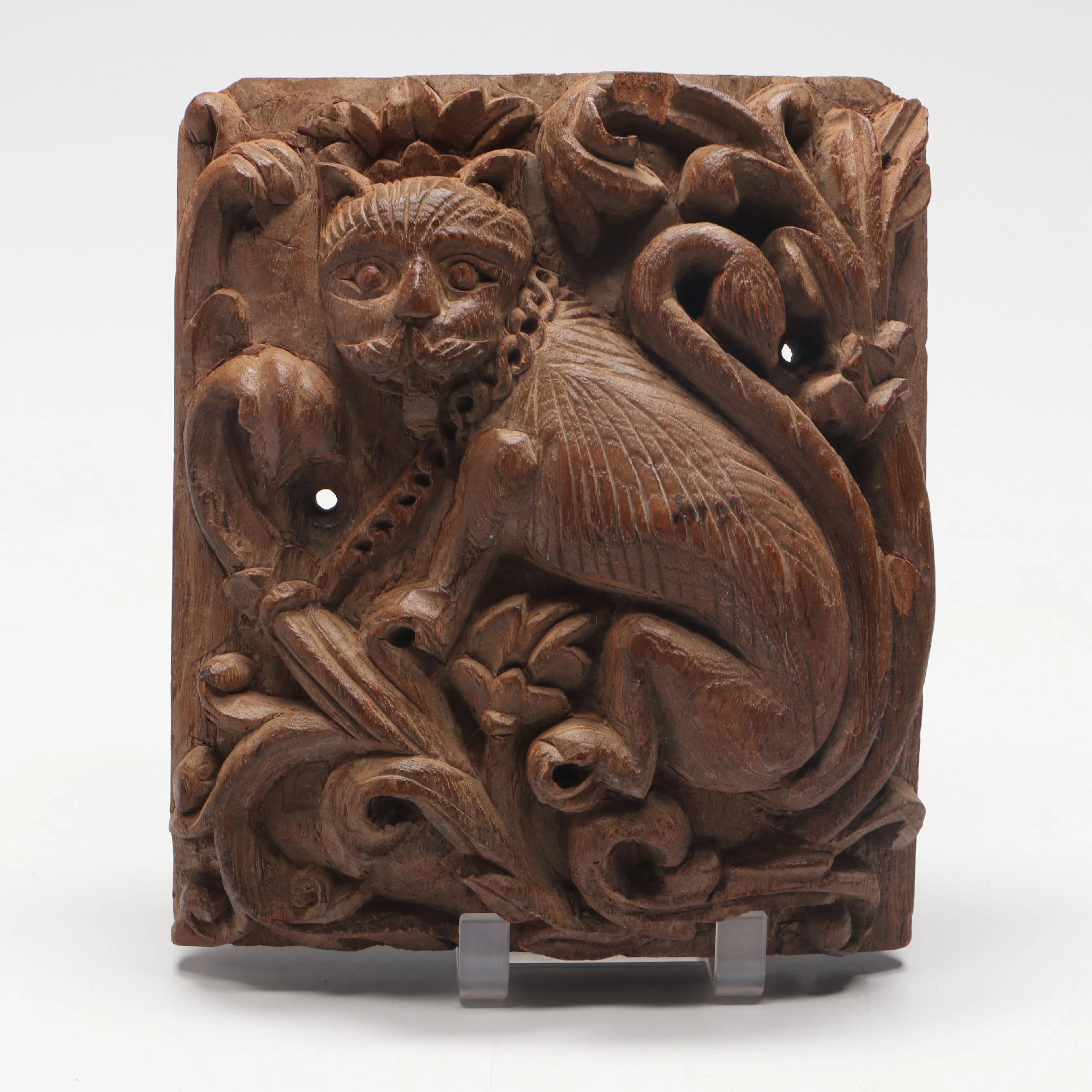 Renaissance Revival Hand-Carved Lion Surrounded by Foliage Wood Wall Décor