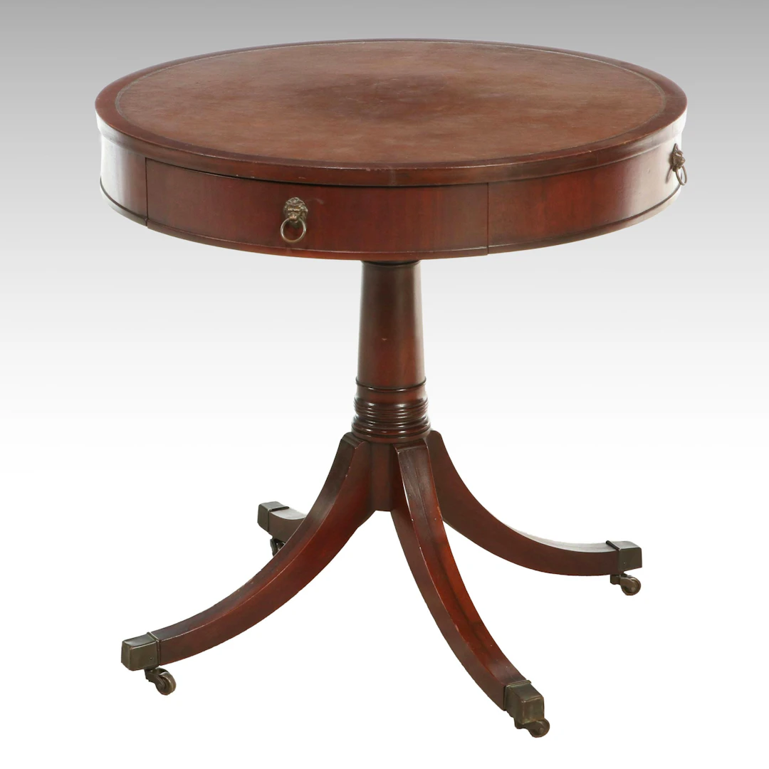 Imperial Furniture Classical Style Mahogany Drum Table with Inset Leather Top