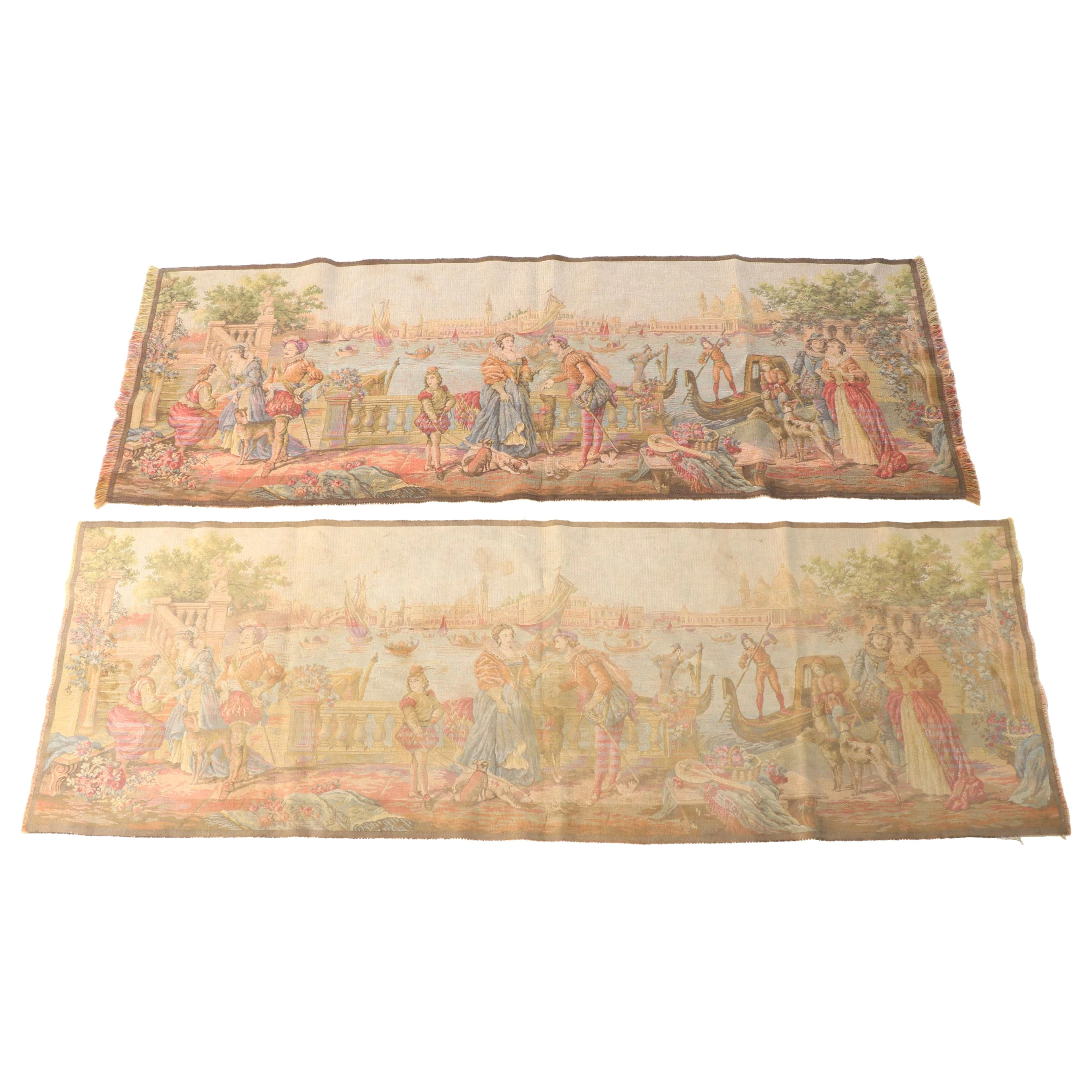 Pair of Venetian Courtyard with Harbor Scenic Tapestries