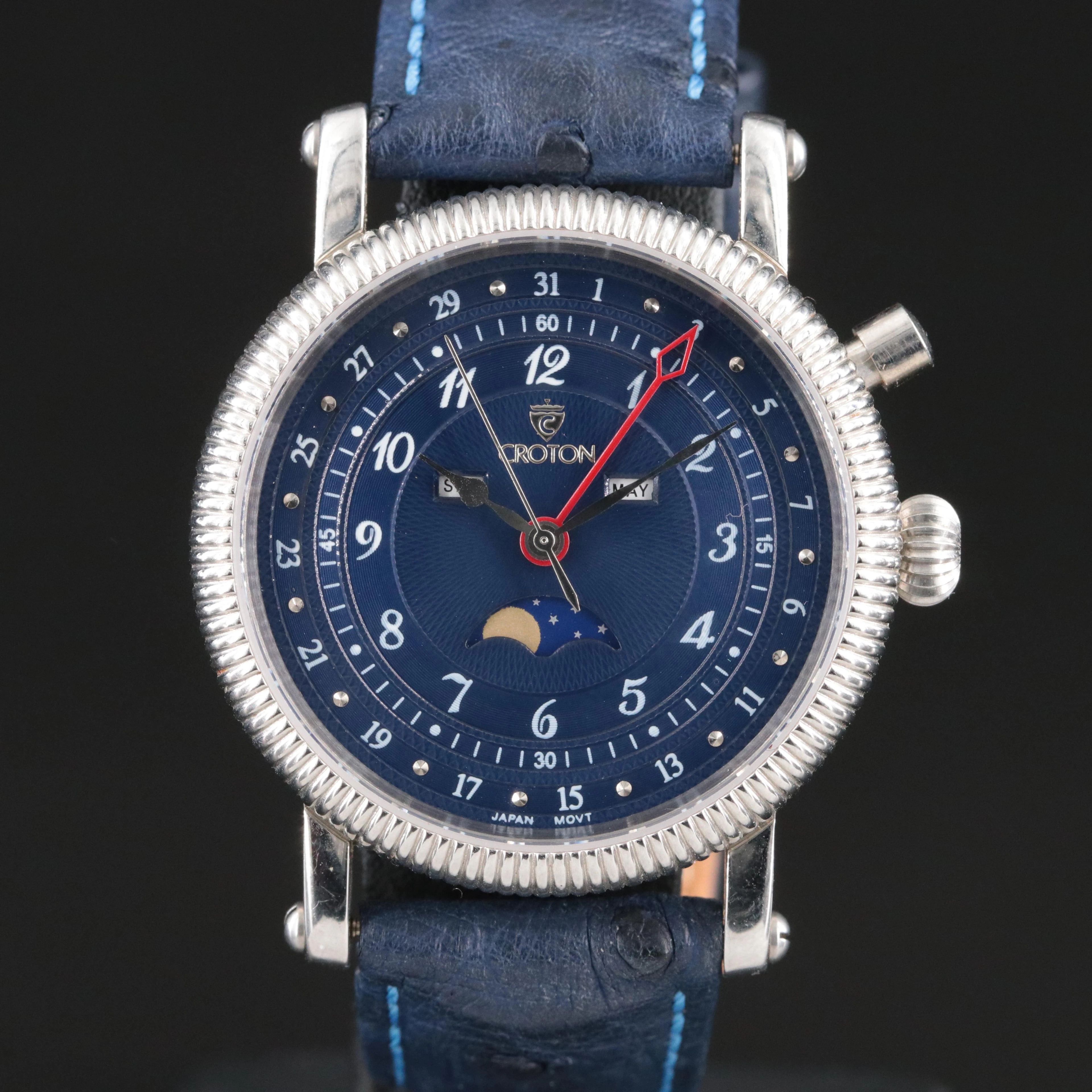 Croton Triple Calendar Moon Phase Dial Stainless Steel Watch