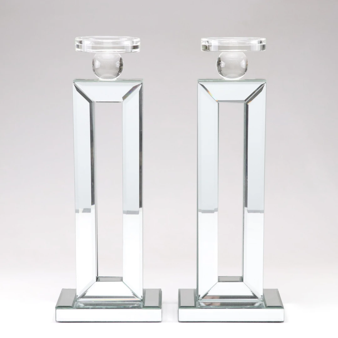 Pair of Mirrored Glass Pillar Candlesticks