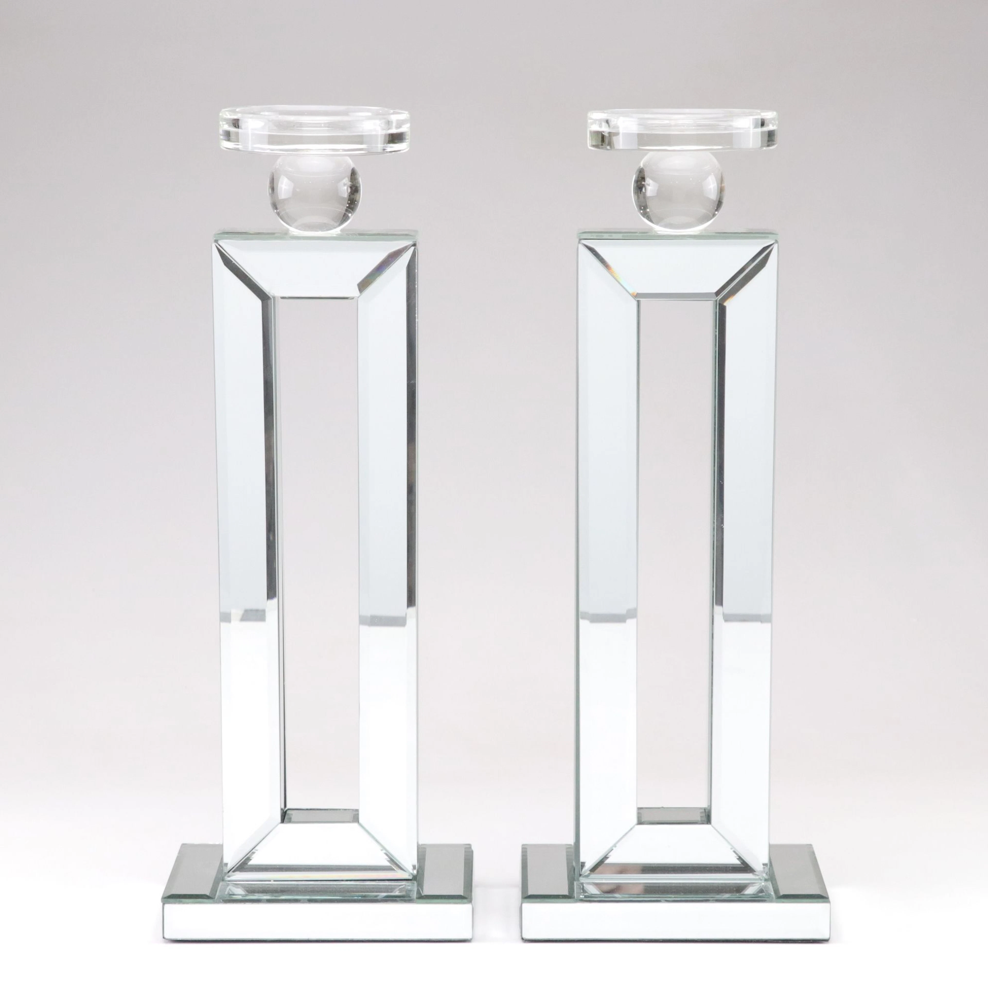 Pair of Mirrored Glass Pillar Candlesticks