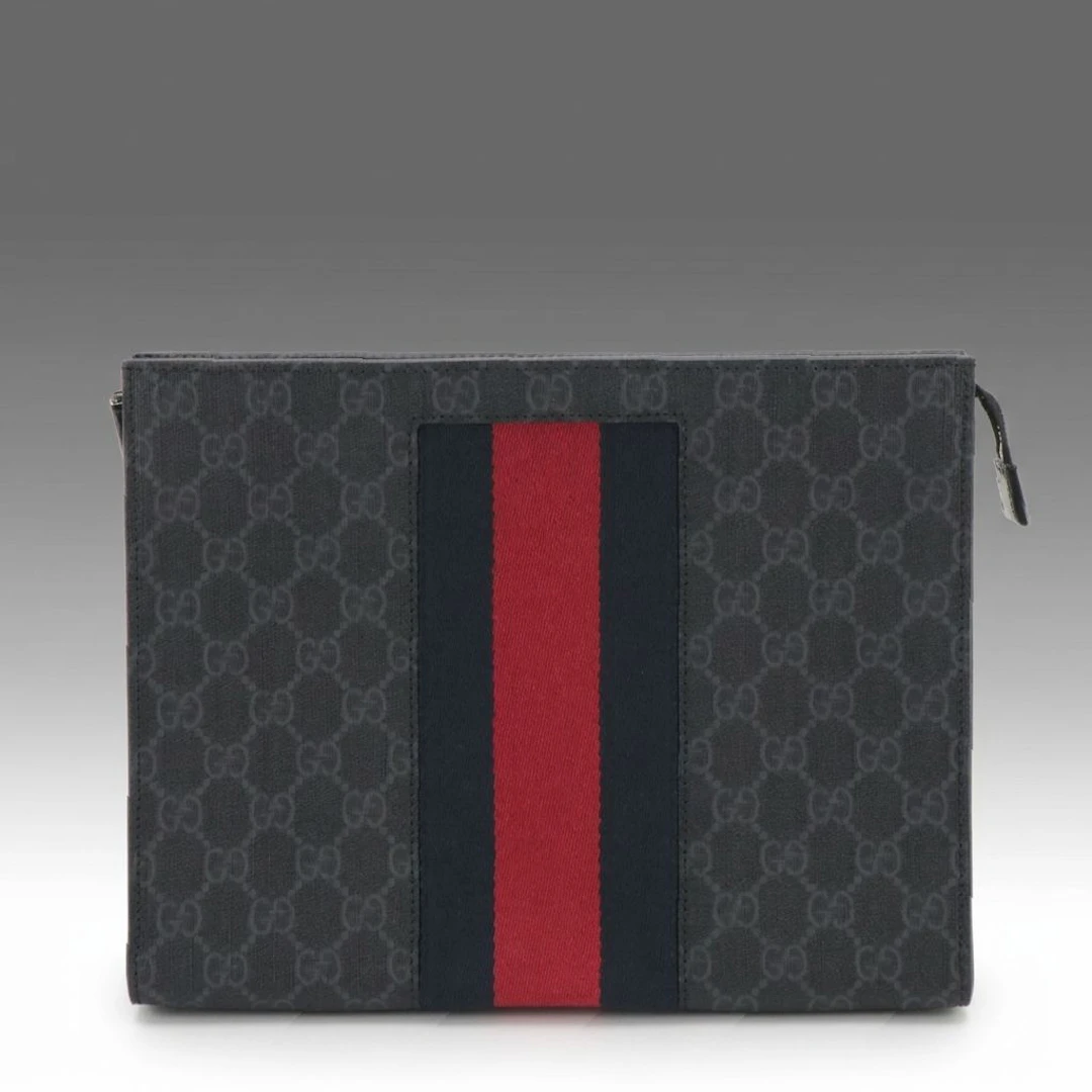 Gucci Clutch in Grey GG Supreme Canvas and Red and Blue Striped Web