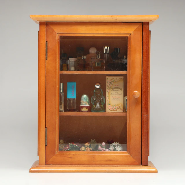 Wall Cabinet with Franklin Mint Porcelain Flowers, Miniature Perfume Bottles