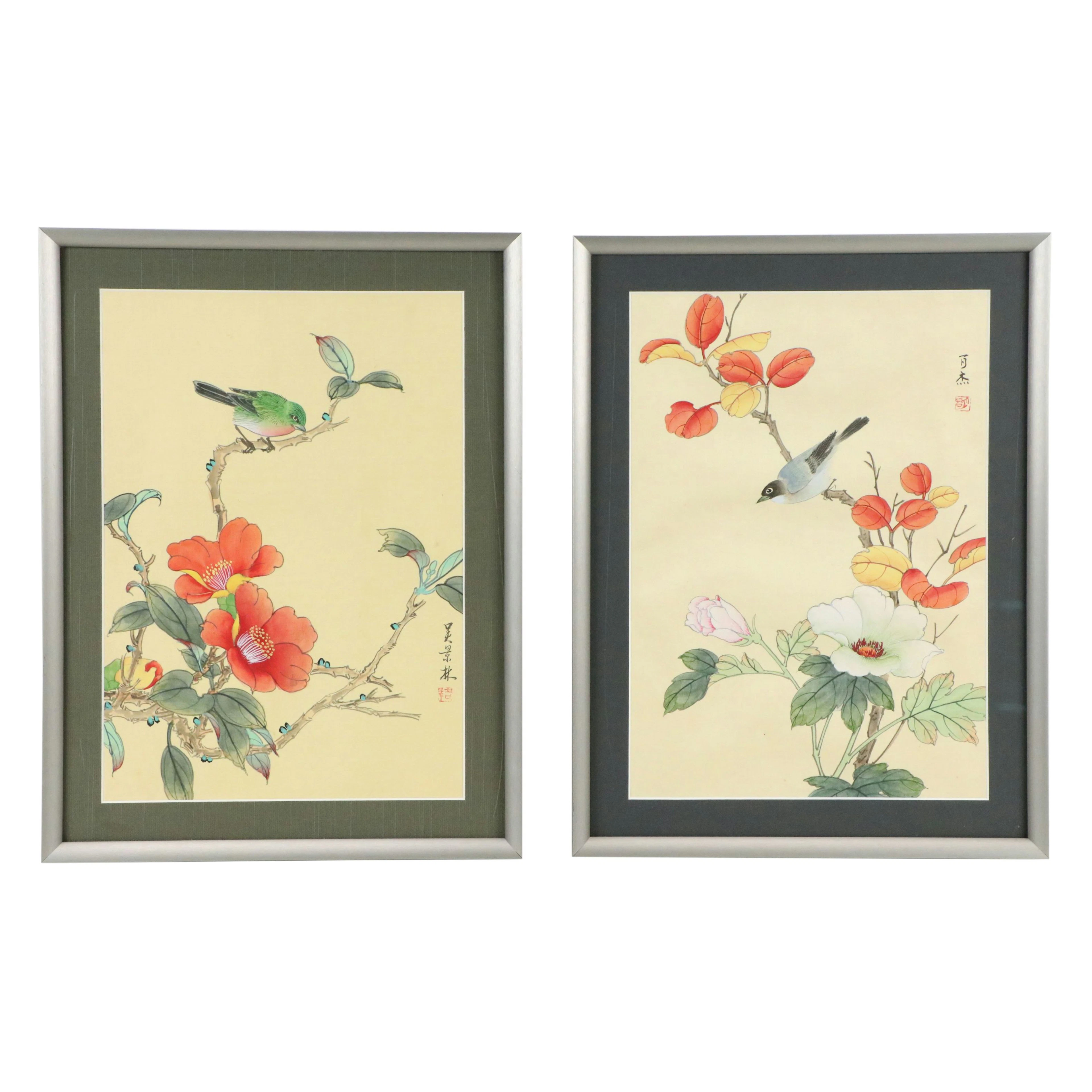 Chinese School Watercolor on Silk Paintings of Birds and Flowers, 20th C.