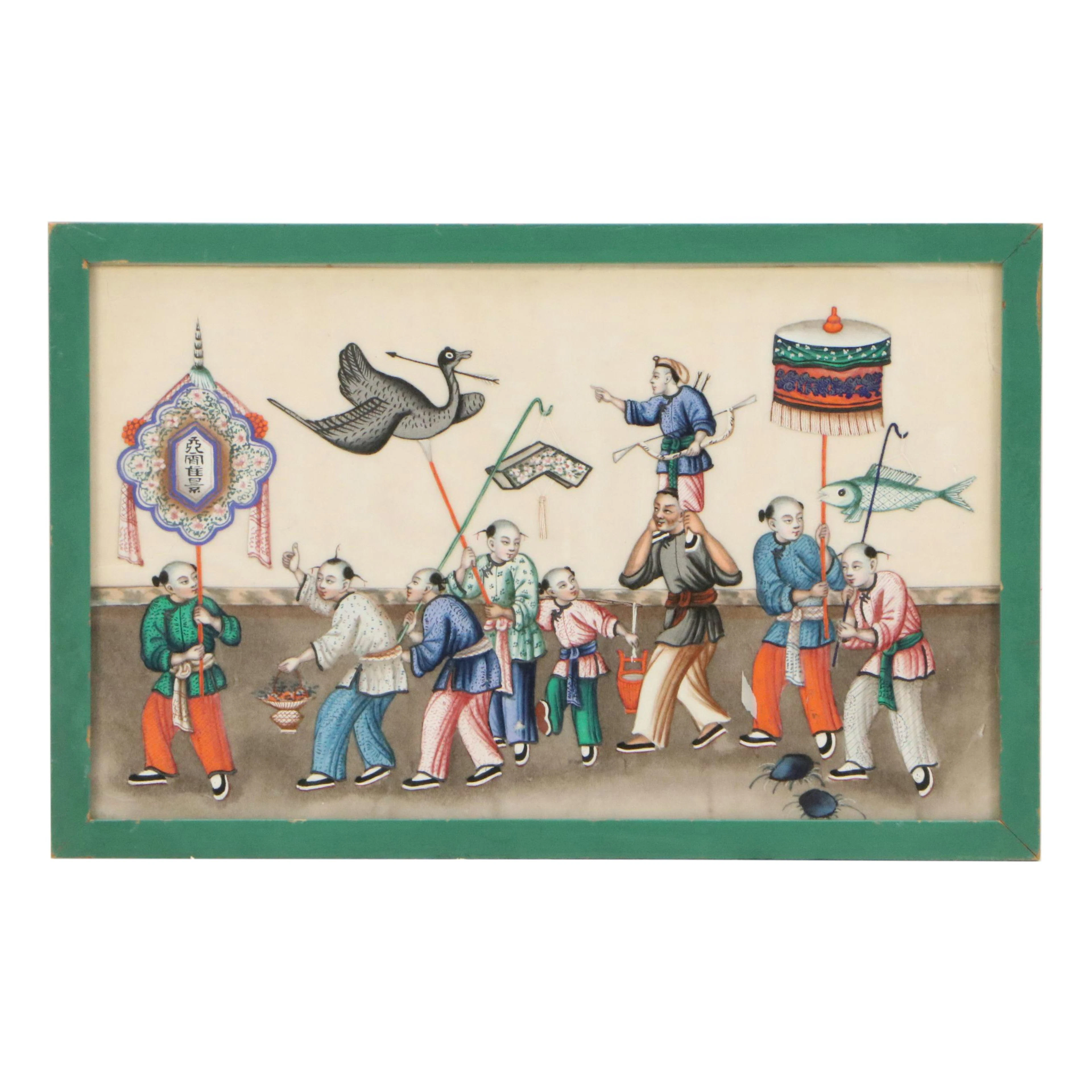 Chinese Watercolor Pith Painting of Parade, Early 20th Century