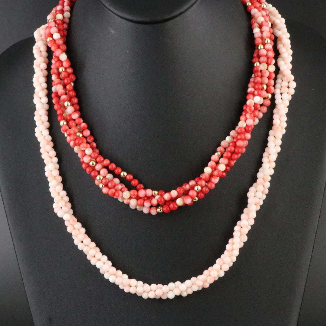 Coral and Mother-of-Pearl Torsade Necklaces