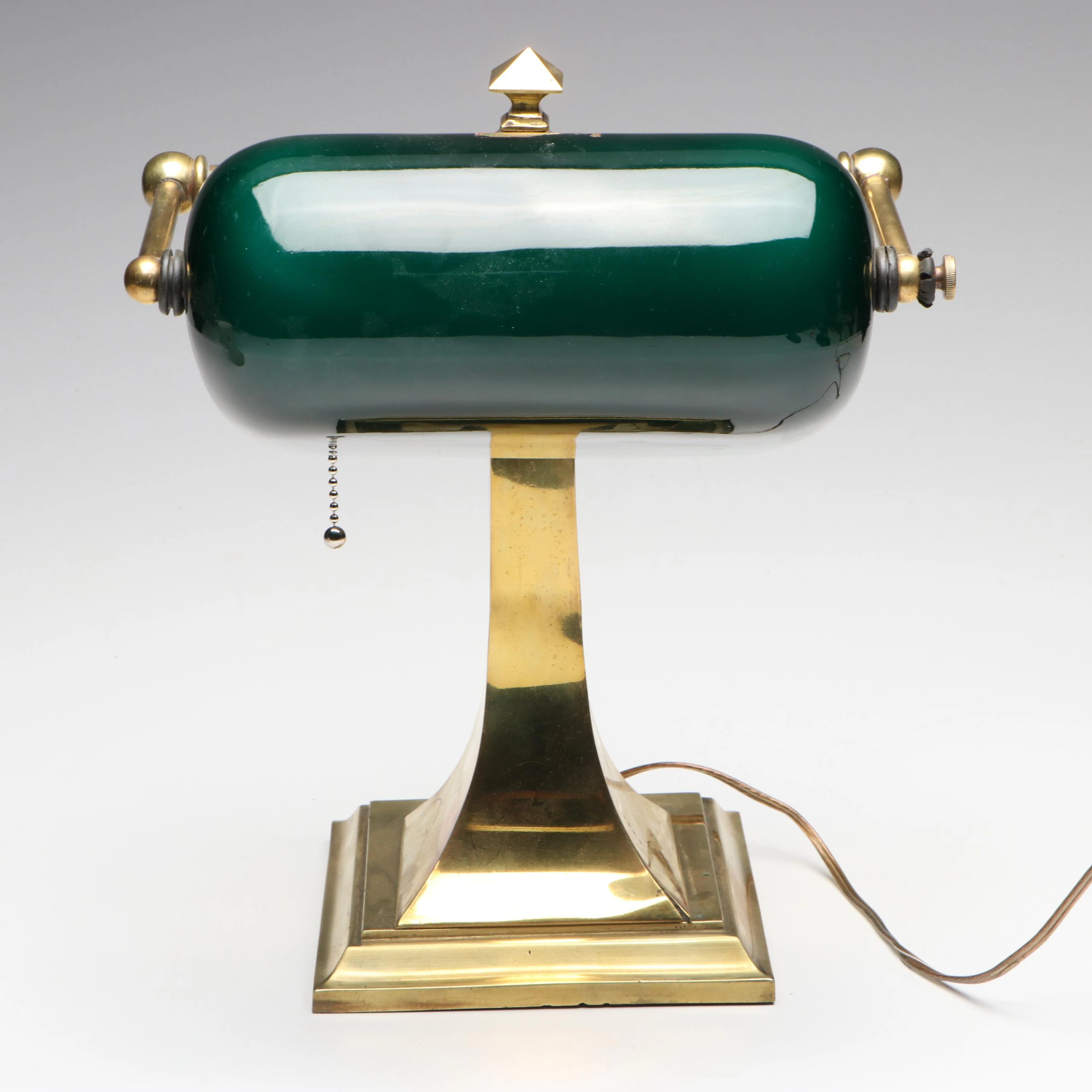 Antique Emeralite Brass and Green Cased Glass Banker's Lamp