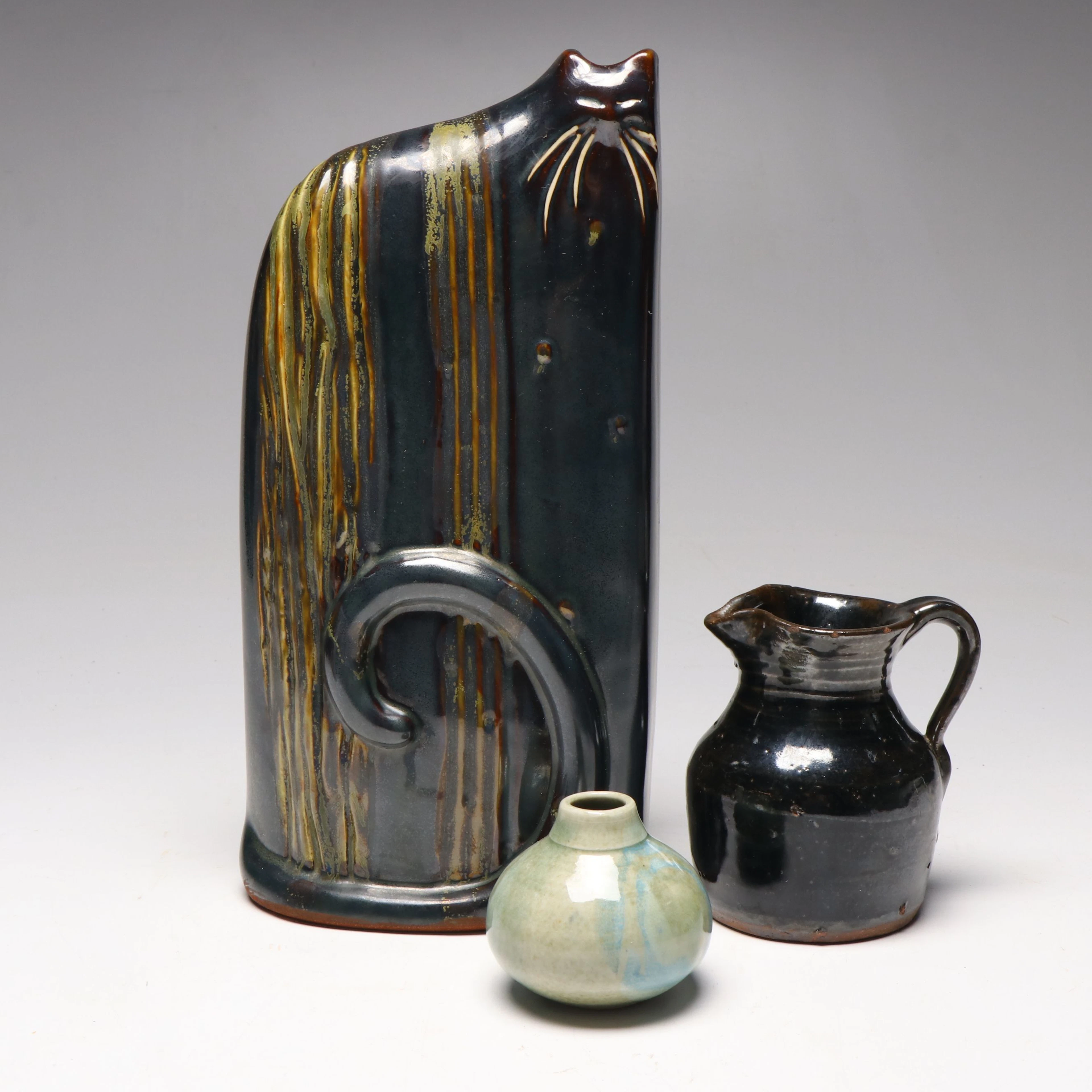 Ceramic Seated Cat Vase, Ceramic Bud Vase, and Ceramic Creamer